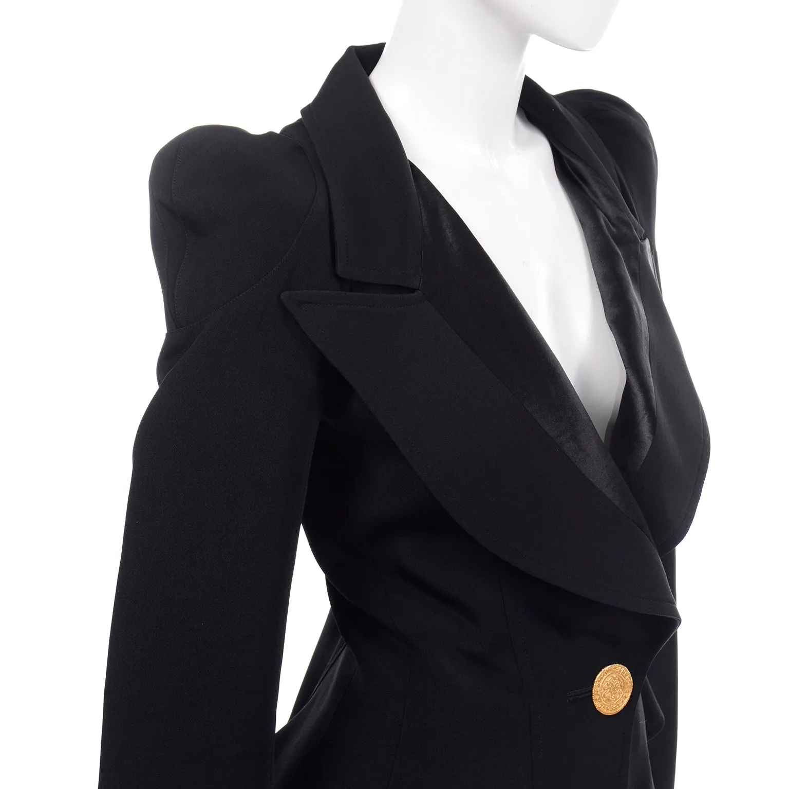 1980s Christian Lacroix Black Fitted Evening Blazer Jacket W Medallion Button