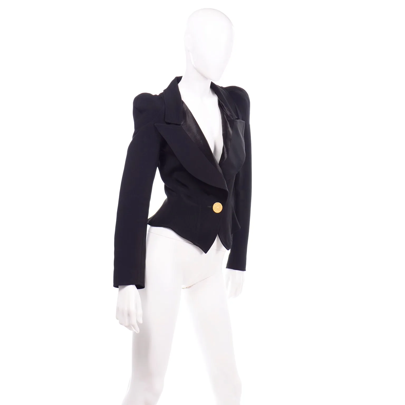 1980s Christian Lacroix Black Fitted Evening Blazer Jacket W Medallion Button