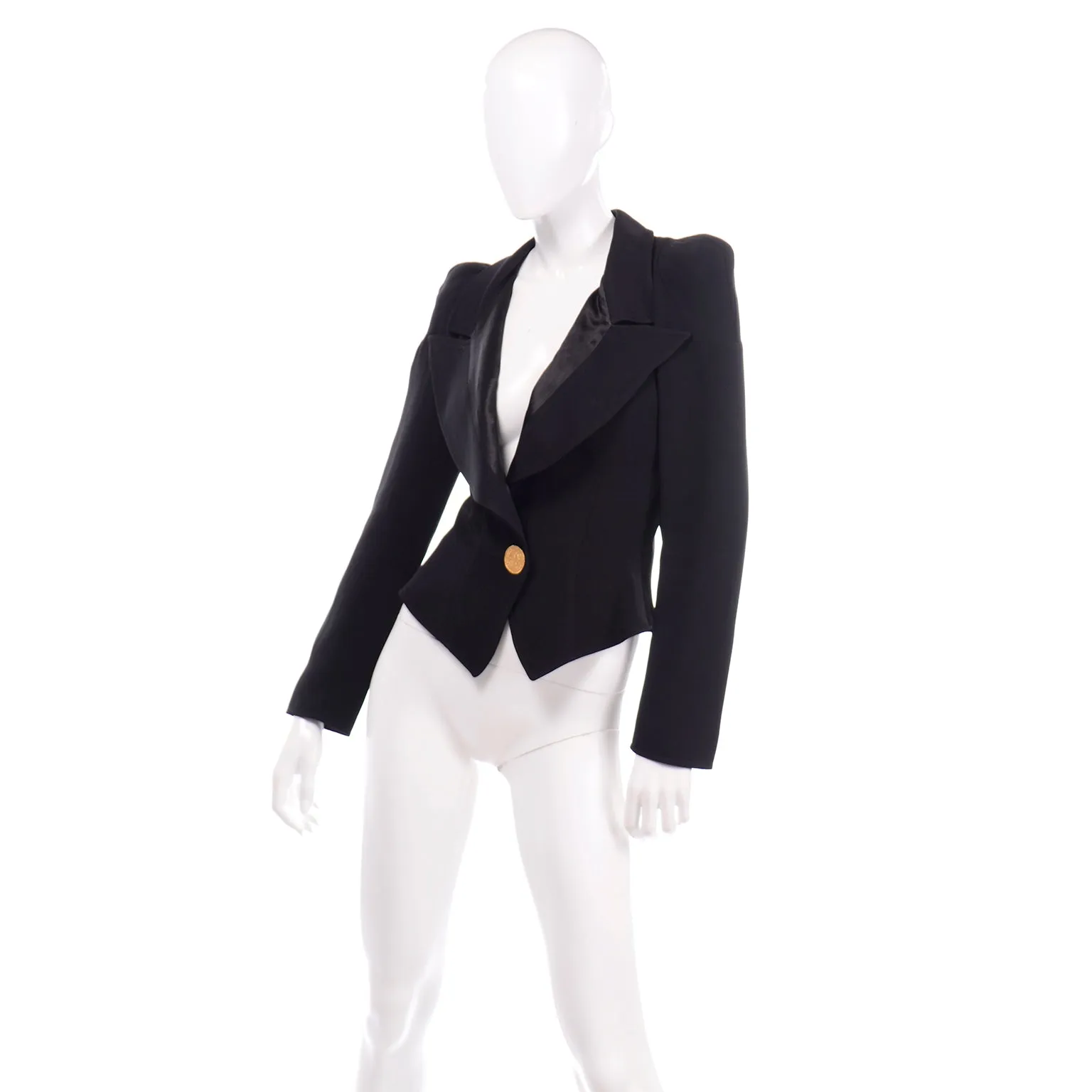 1980s Christian Lacroix Black Fitted Evening Blazer Jacket W Medallion Button