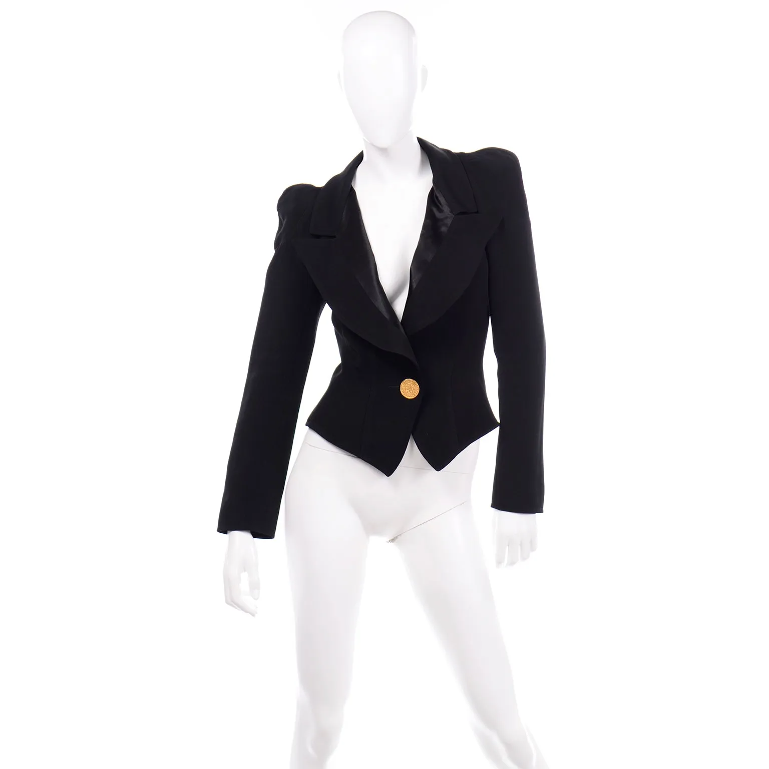 1980s Christian Lacroix Black Fitted Evening Blazer Jacket W Medallion Button