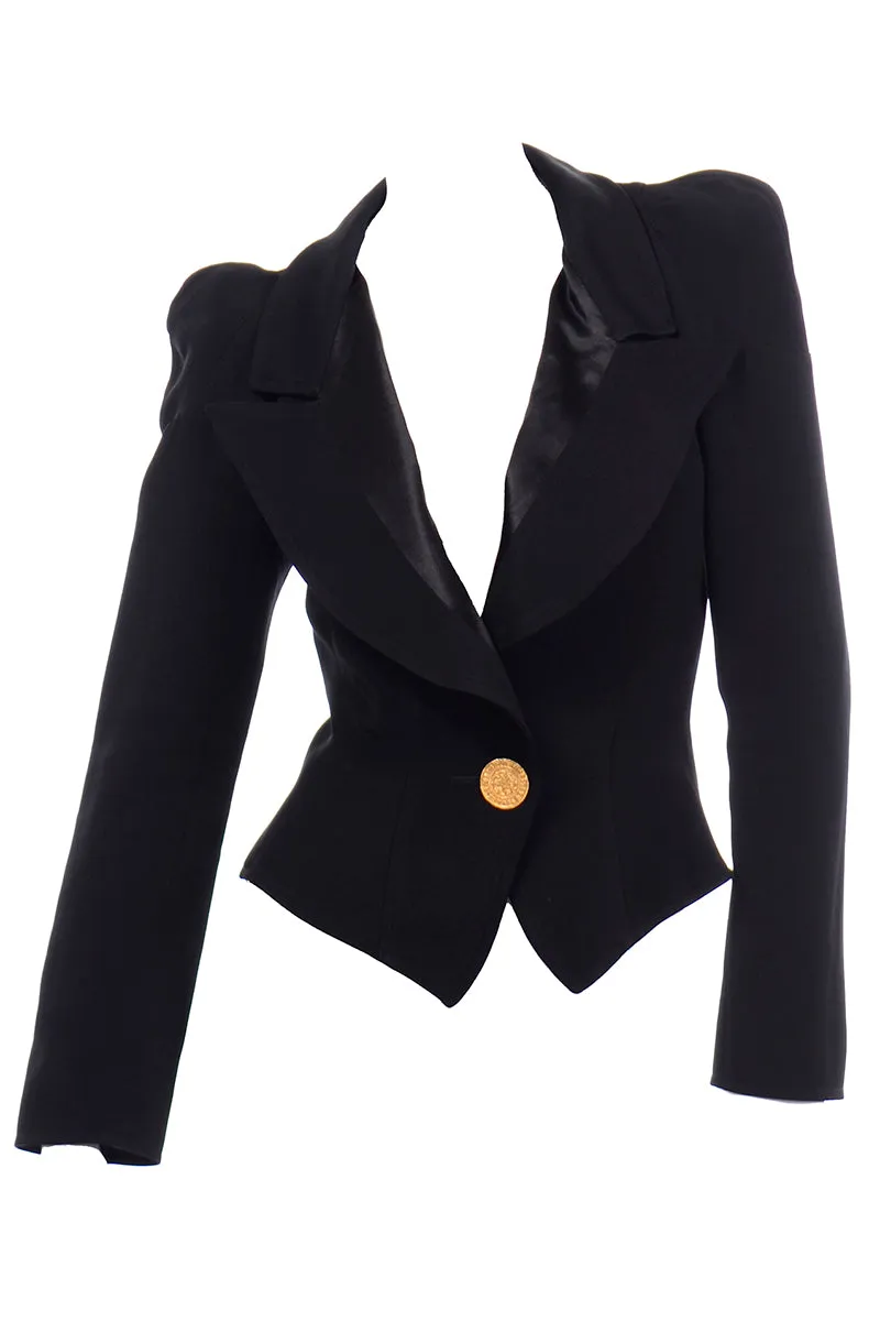 1980s Christian Lacroix Black Fitted Evening Blazer Jacket W Medallion Button