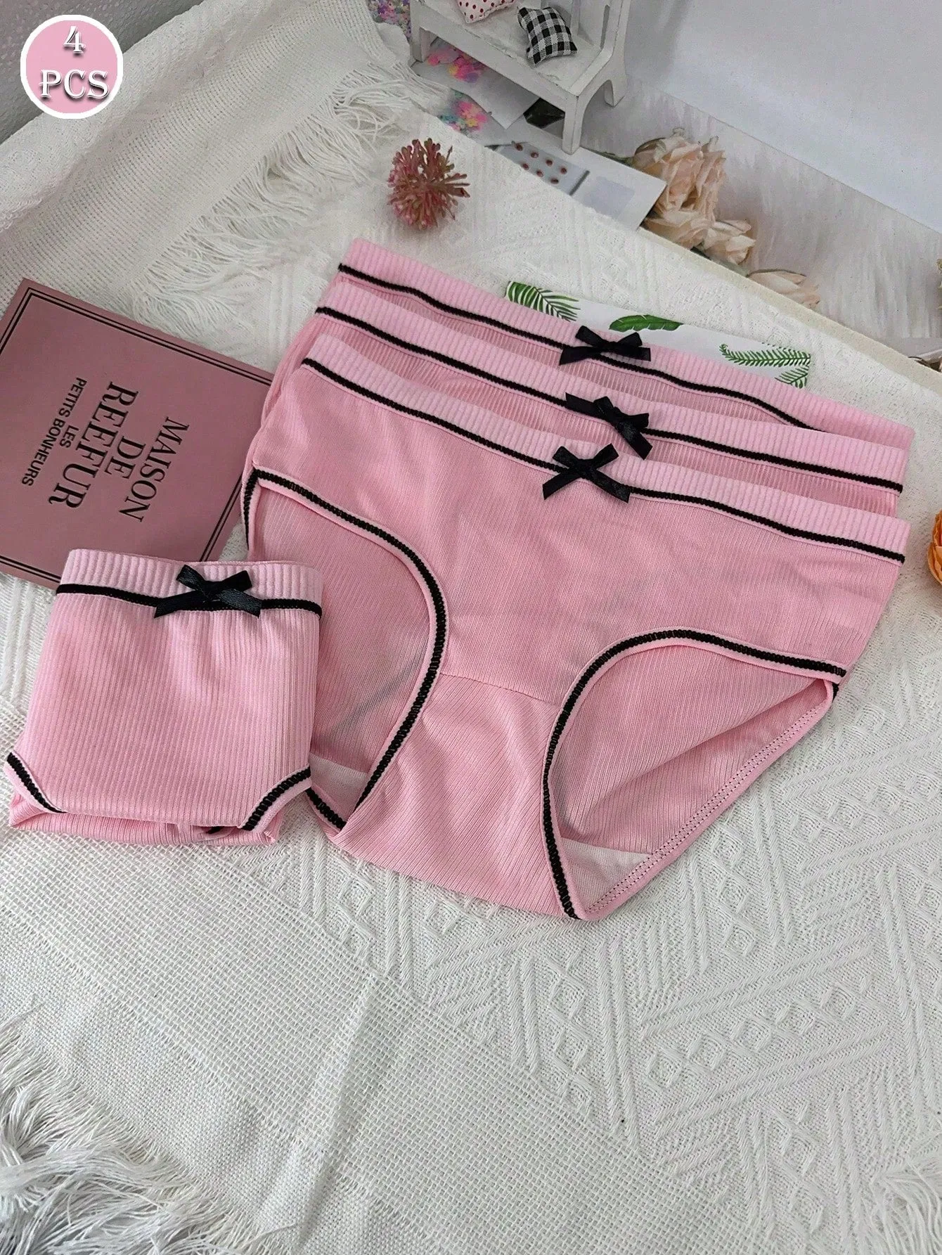 4pcs Women's Bow Textured Hipster Multicolor Sexy Cute Panties