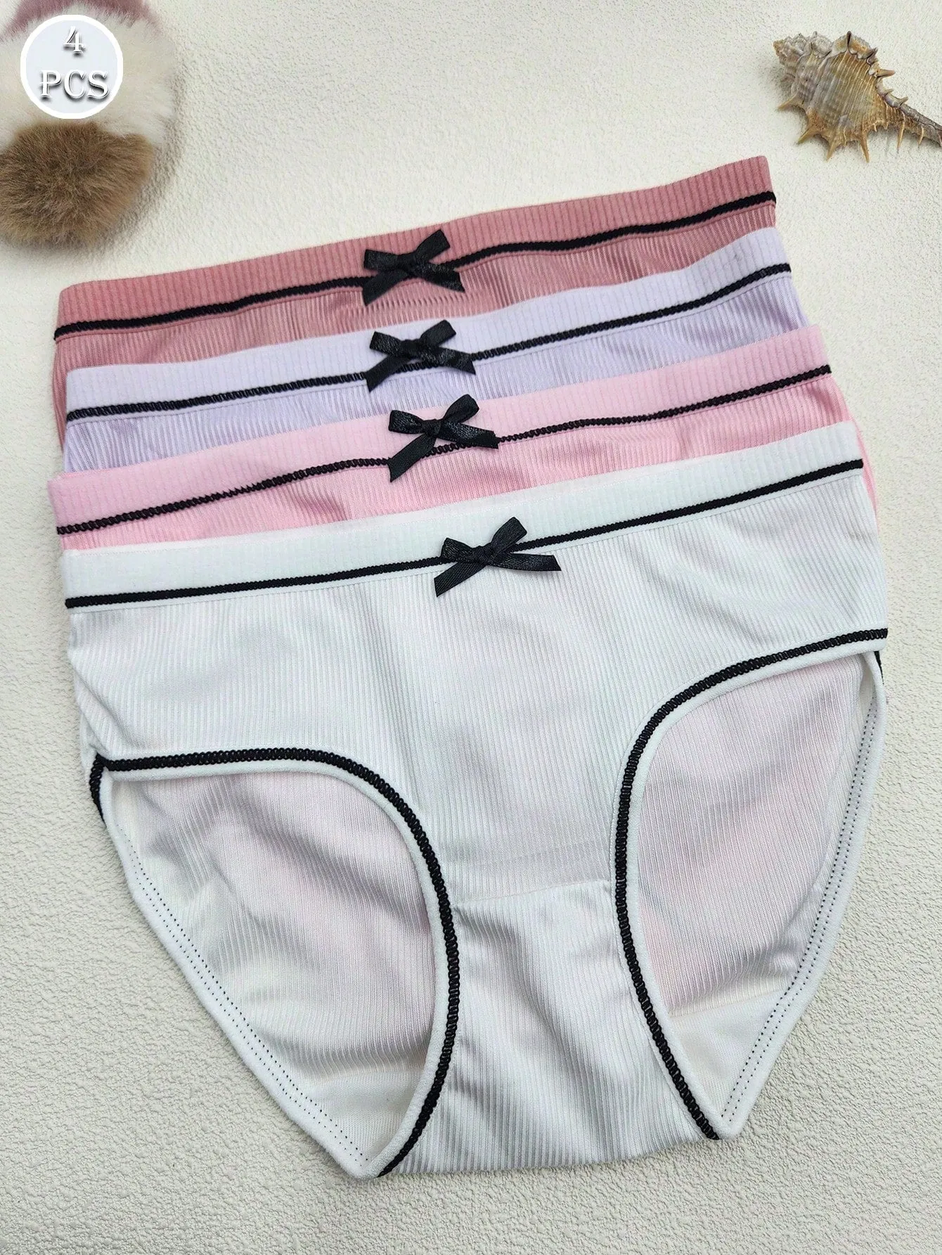 4pcs Women's Bow Textured Hipster Multicolor Sexy Cute Panties