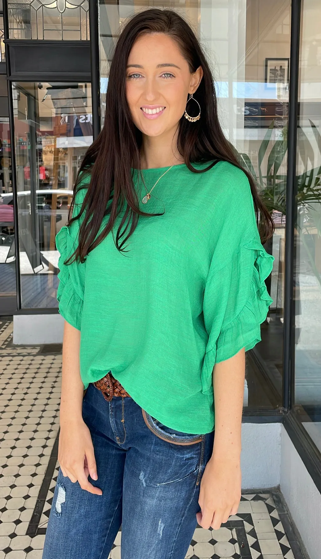 Alexa Ruffle Sleeve Top Kelly Green