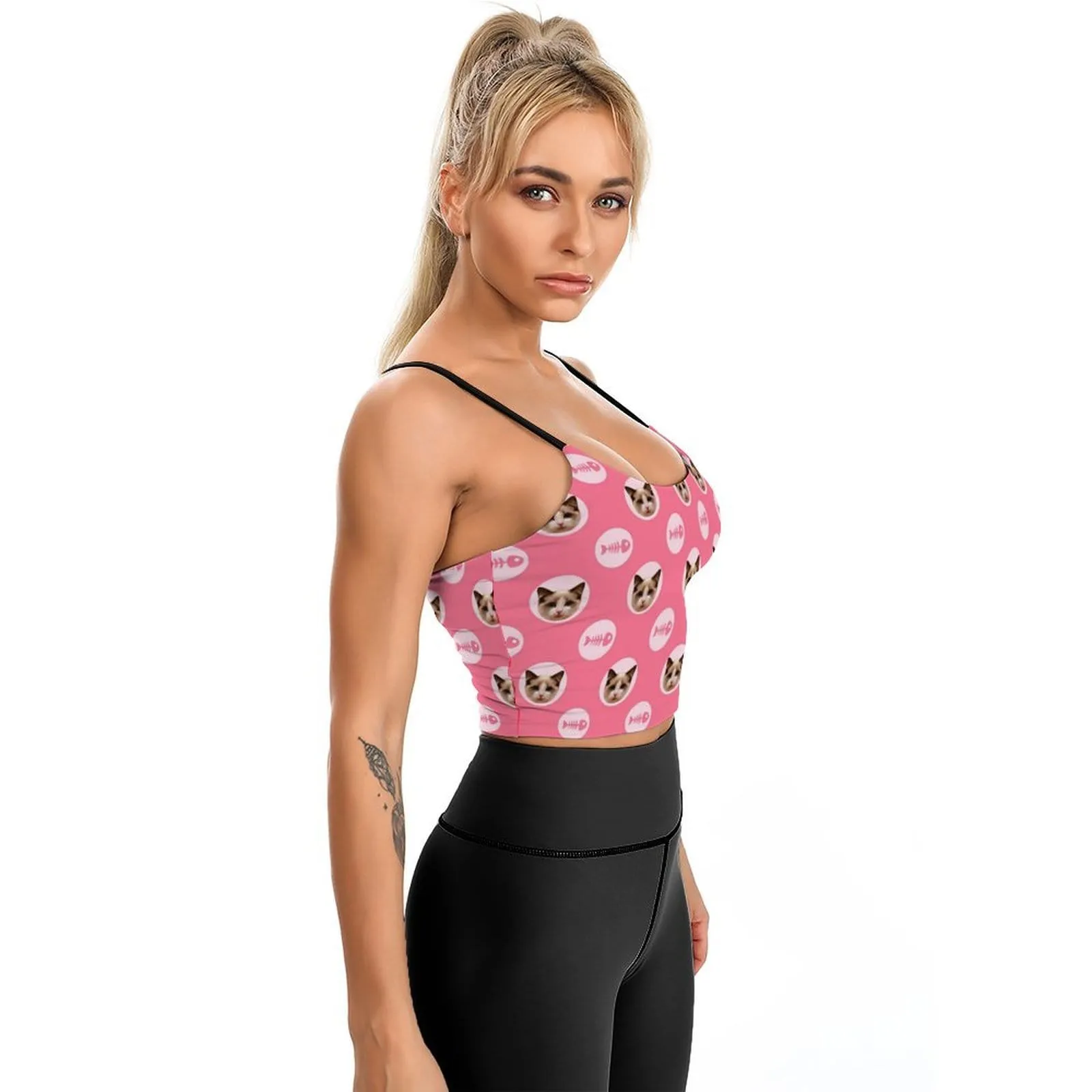 Custom Cat Face Tops Personalized Fish Bone Women's Crop Camisole Top (With Chest Pad)