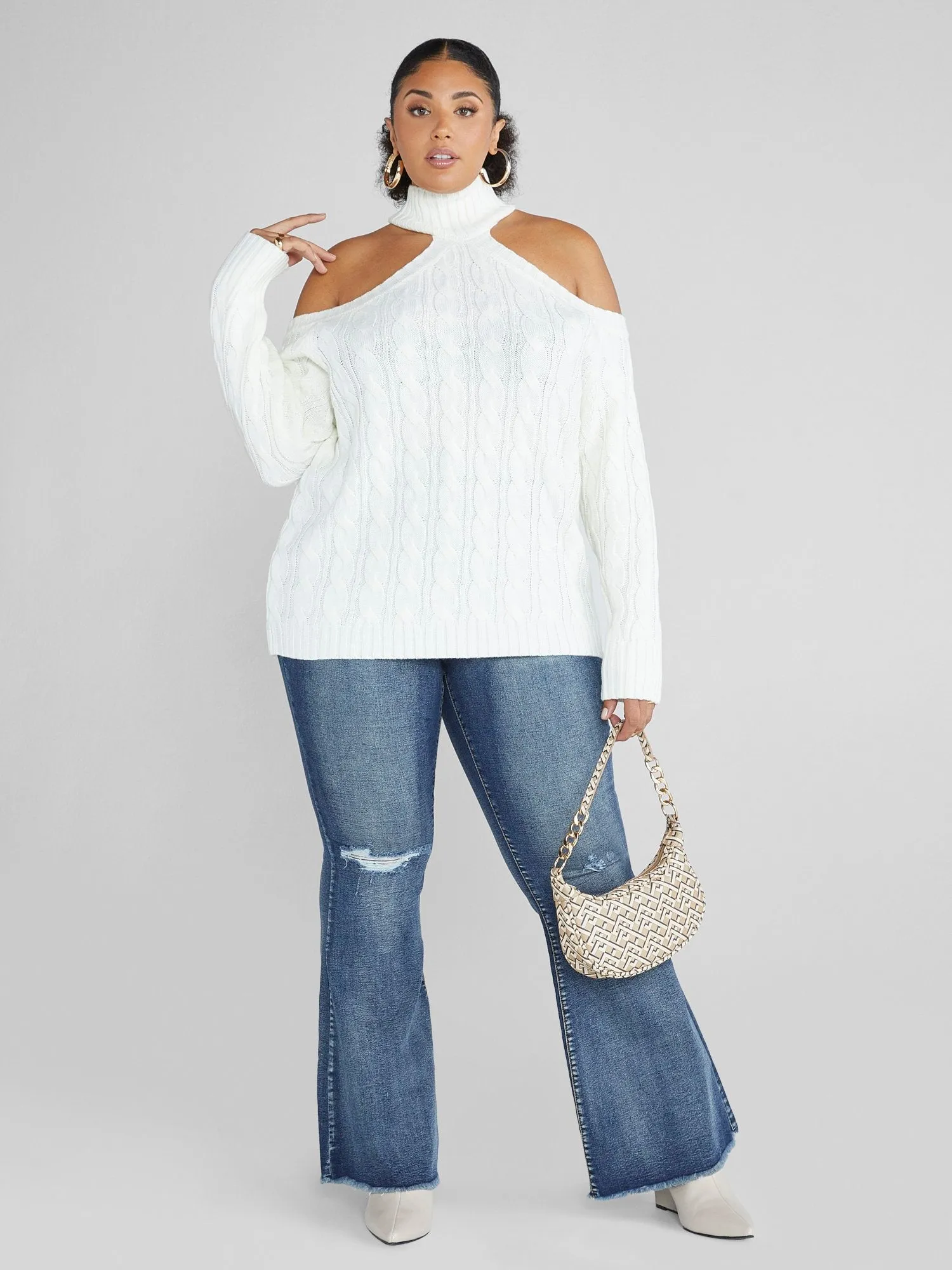 Fashion To Figure - Leigh Cold Shoulder Cable Knit Sweater