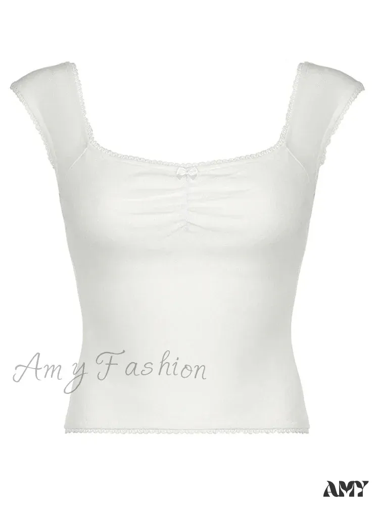 Frills Bow Square Collar Cute Y2K Solid Sleeveless Basic Knit Sweet Crop Top