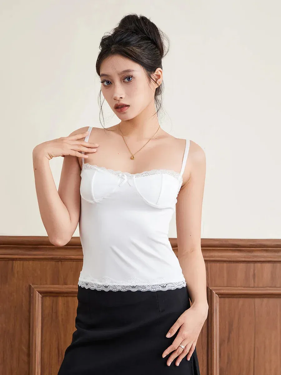 Front Crop Tops Women Lace Trim Cami Tops Low Cut Backless Tank Bow Top