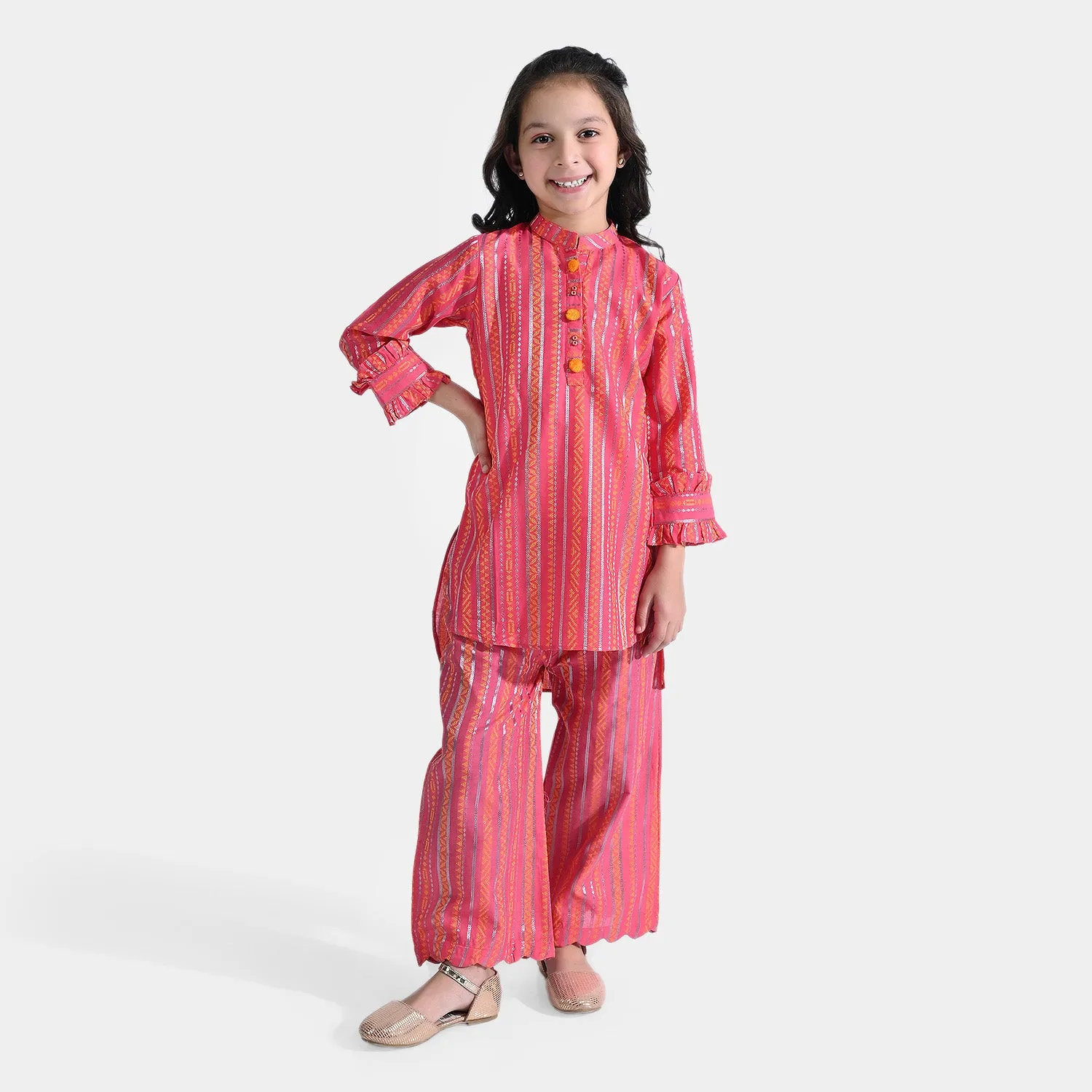 Girls Jacquard 2PCs Suit Stripes-P. Pink