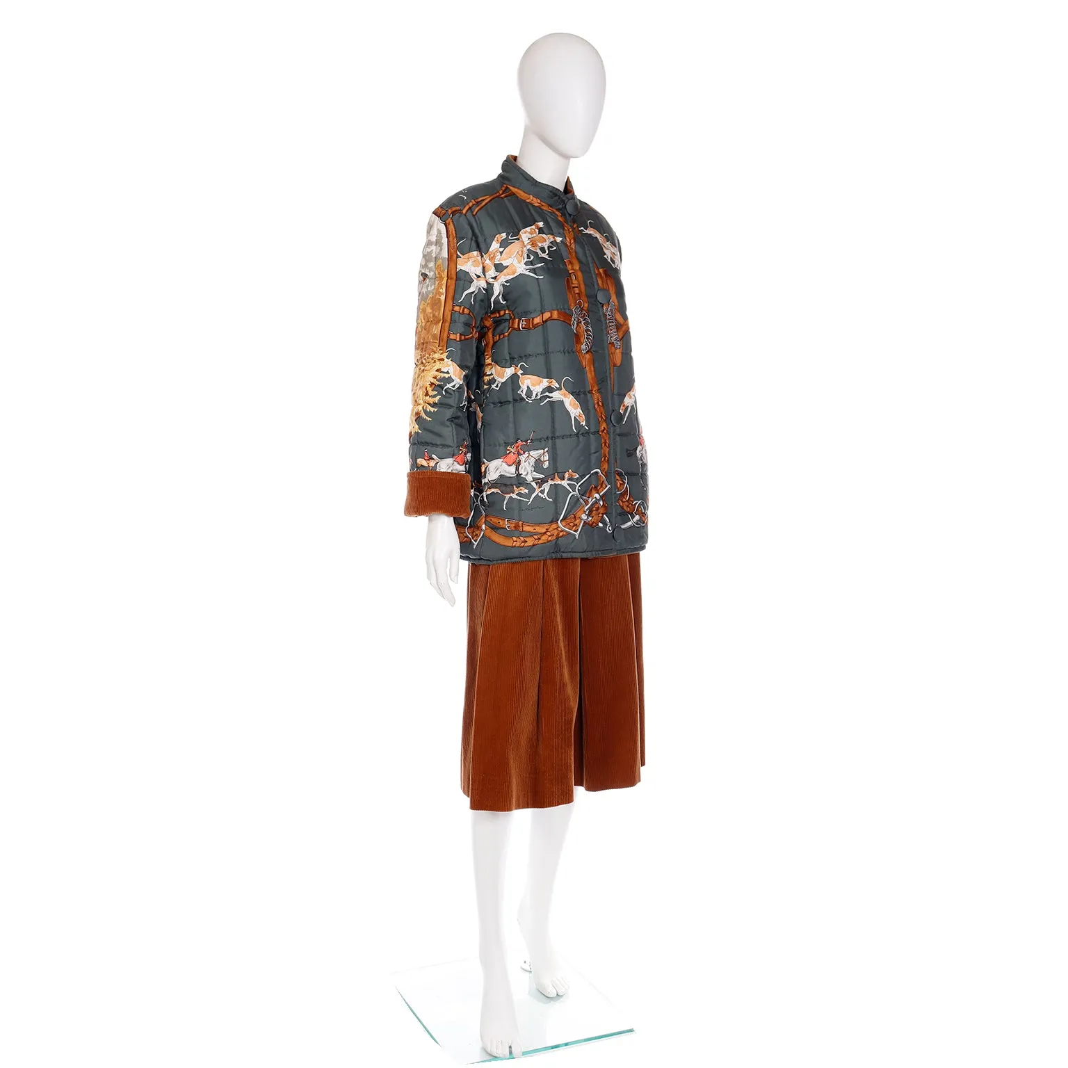 Hermes 1979 Le Bien Aller by Jean de Fougerolle Fox Hunt Scarf Print Reversible Jacket & Corduroy Culottes