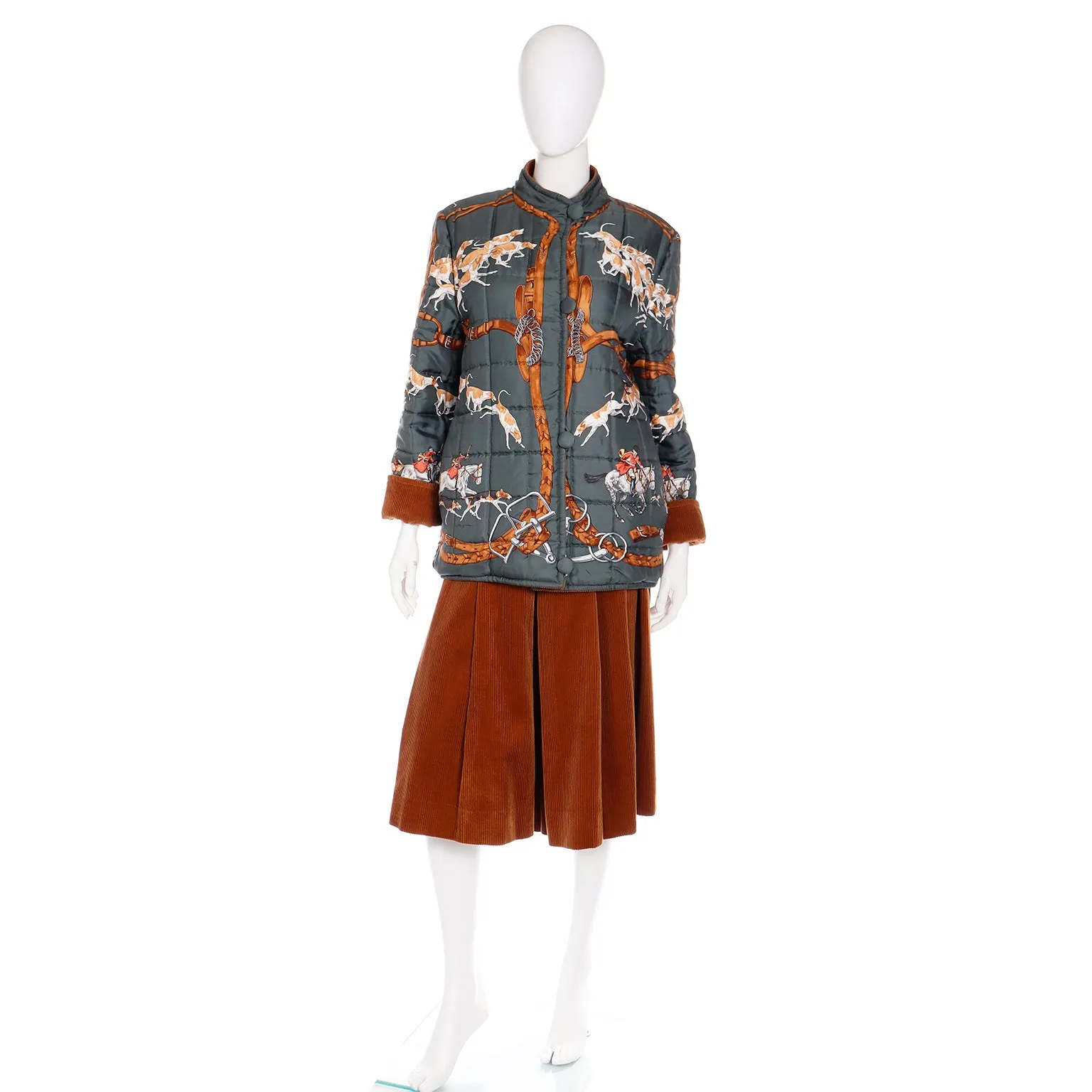 Hermes 1979 Le Bien Aller by Jean de Fougerolle Fox Hunt Scarf Print Reversible Jacket & Corduroy Culottes