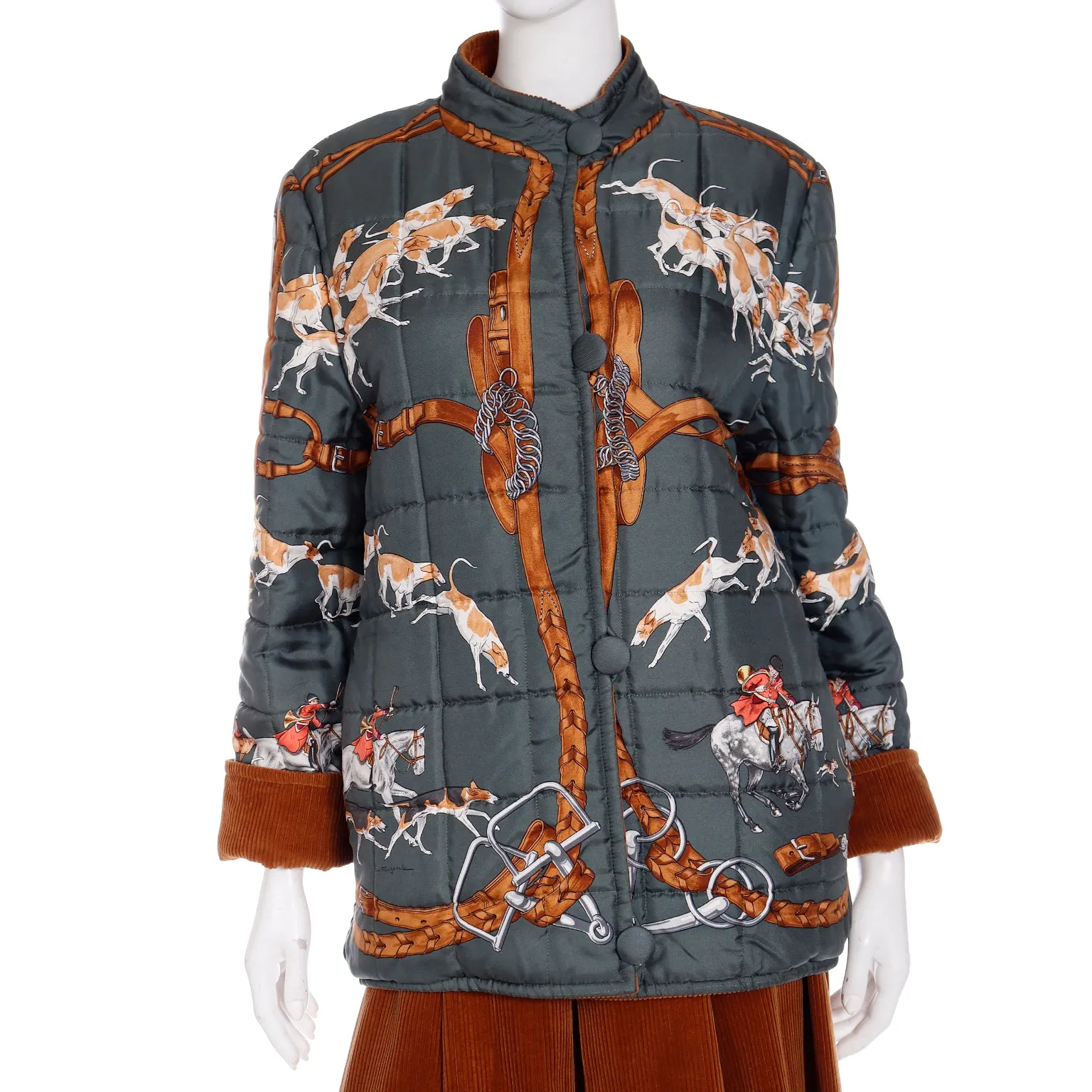 Hermes 1979 Le Bien Aller by Jean de Fougerolle Fox Hunt Scarf Print Reversible Jacket & Corduroy Culottes