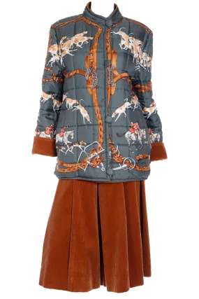 Hermes 1979 Le Bien Aller by Jean de Fougerolle Fox Hunt Scarf Print Reversible Jacket & Corduroy Culottes