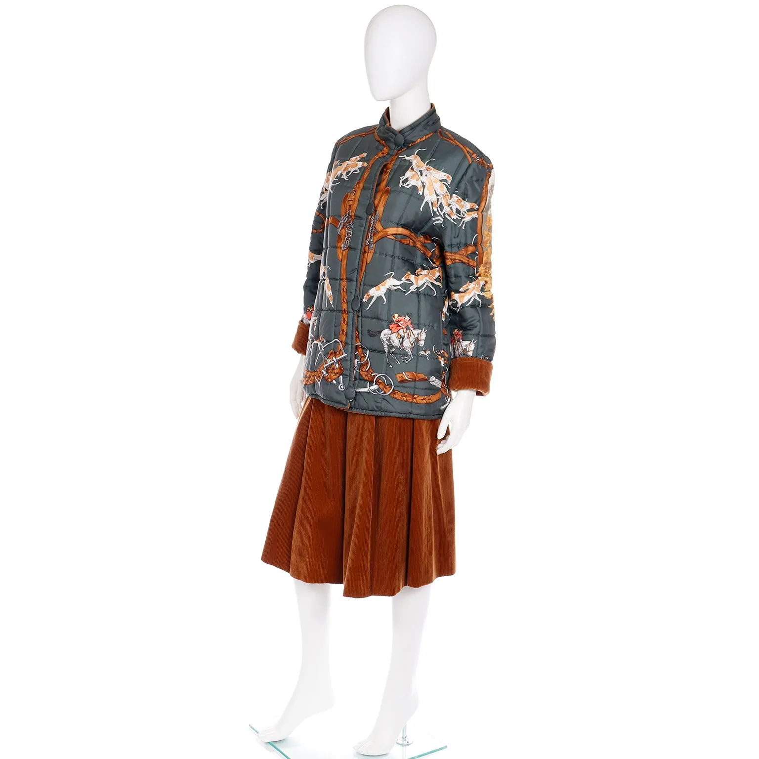 Hermes 1979 Le Bien Aller by Jean de Fougerolle Fox Hunt Scarf Print Reversible Jacket & Corduroy Culottes