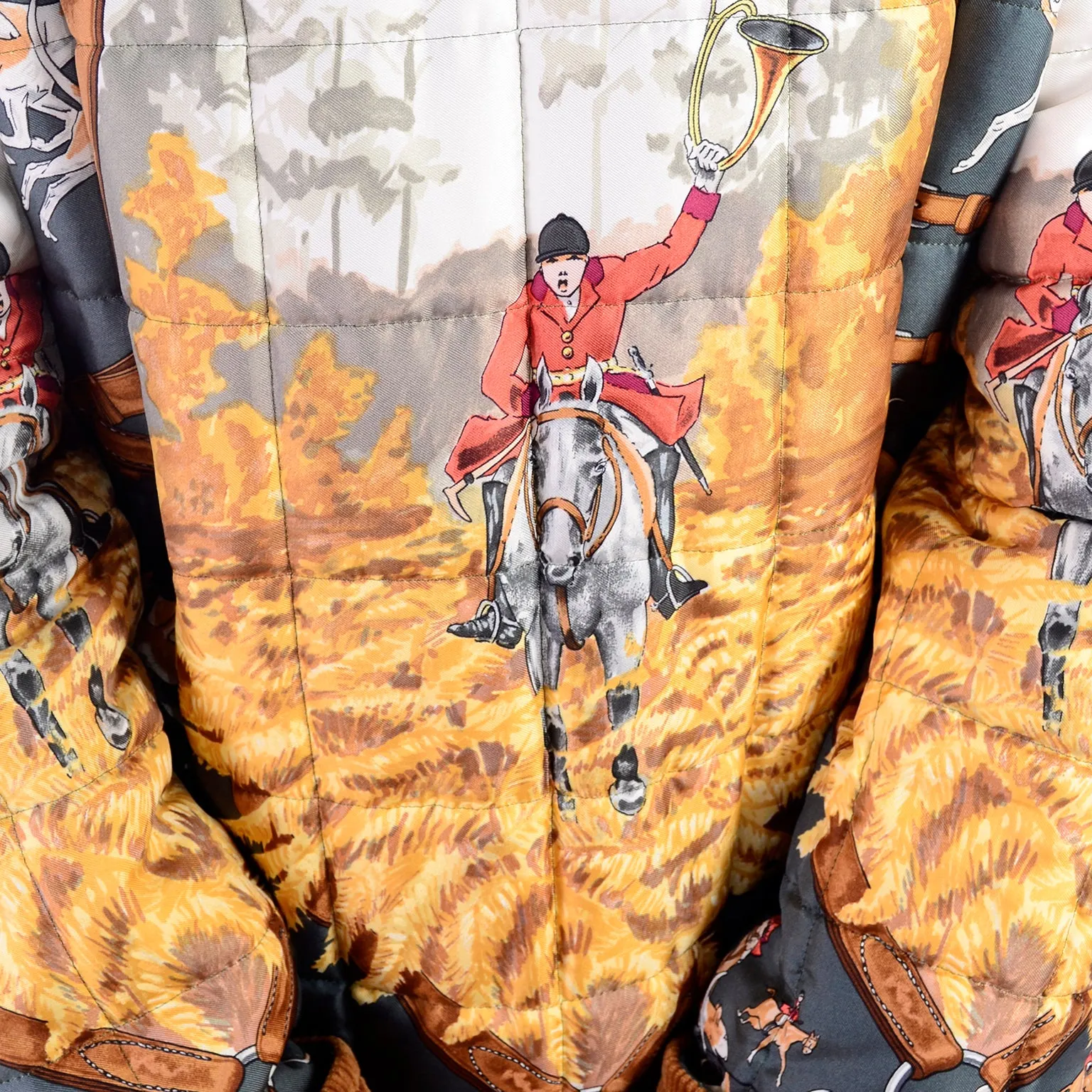 Hermes 1979 Le Bien Aller by Jean de Fougerolle Fox Hunt Scarf Print Reversible Jacket & Corduroy Culottes