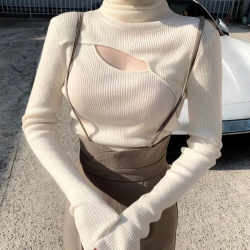 Joskaa Autumn Winter 2024 Temperament Sweaters Woman Turtleneck Hollow Slim Knit Tops Women Long-sleeved Bottoming Sweater Top