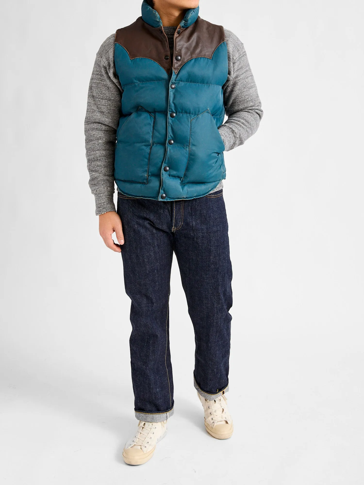 Leather Yoke Quilted Vest in Vintage Blue