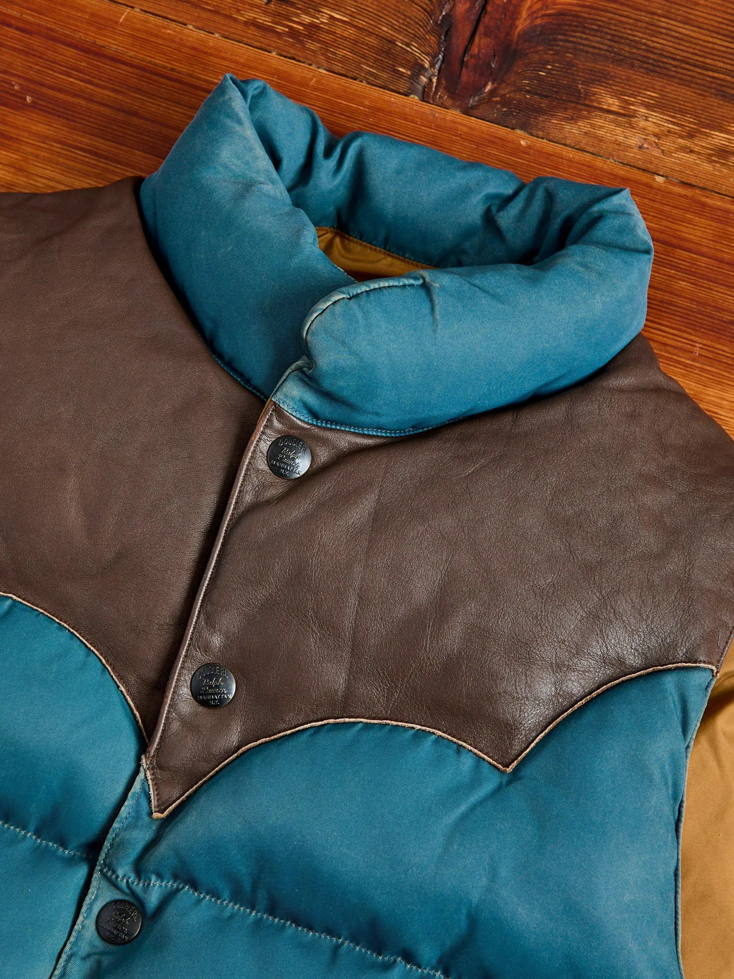 Leather Yoke Quilted Vest in Vintage Blue