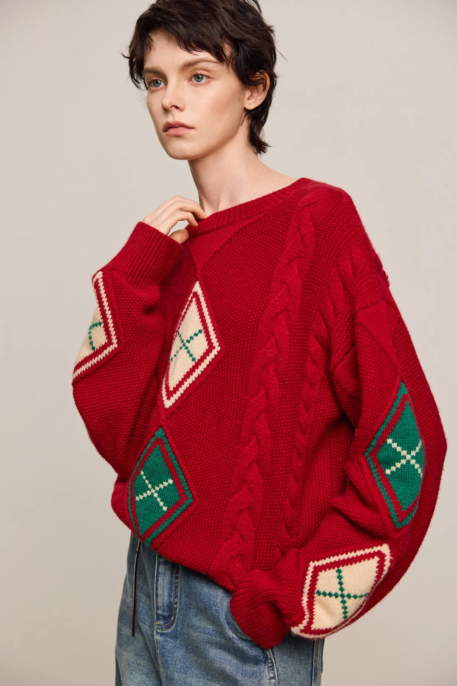 LILY Christmas Diamond Pattern Crewneck Sweater