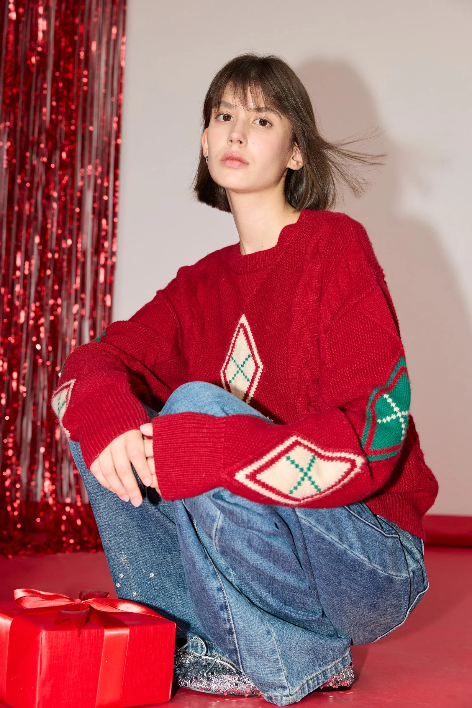 LILY Christmas Diamond Pattern Crewneck Sweater