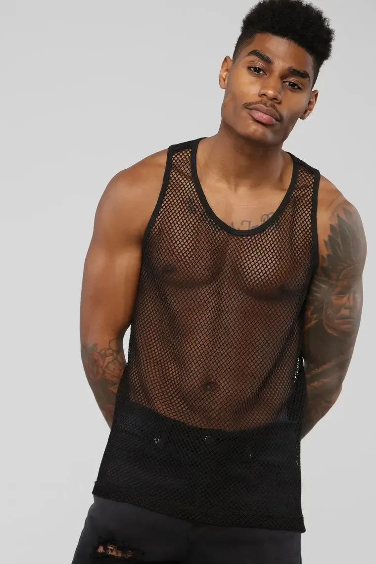 Men Summer Sexy Sheer Mesh Tank Tops See-through Fishnet Slim Fit Tank Vest Male Gym Muscle Tanks Tops Tee Costumes