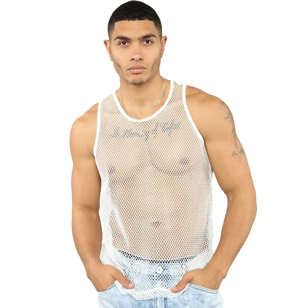 Men Summer Sexy Sheer Mesh Tank Tops See-through Fishnet Slim Fit Tank Vest Male Gym Muscle Tanks Tops Tee Costumes