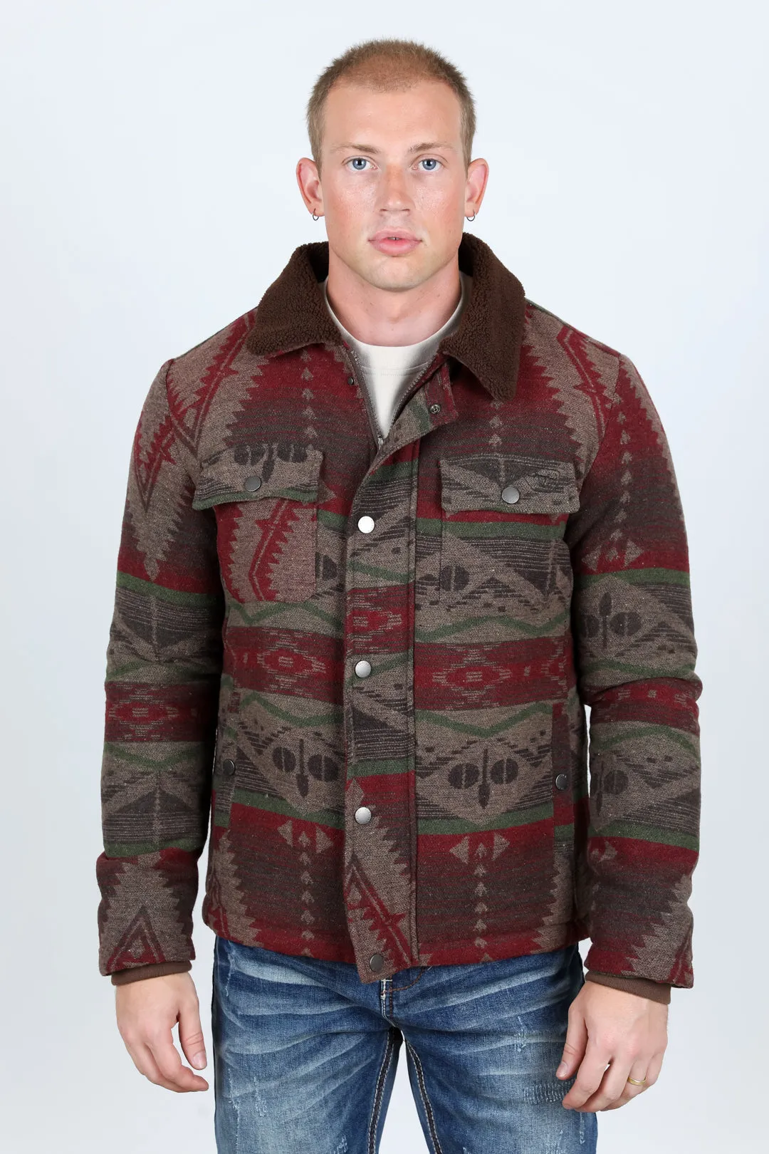 Mens Ethnic Aztec Quilted Fur Lined Jacket - Burgundy