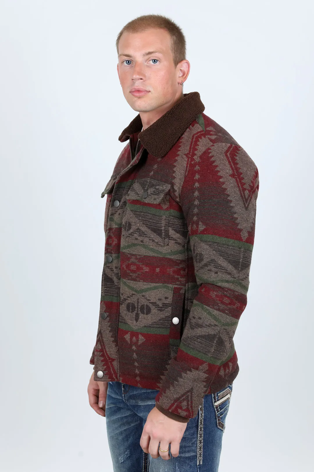 Mens Ethnic Aztec Quilted Fur Lined Jacket - Burgundy