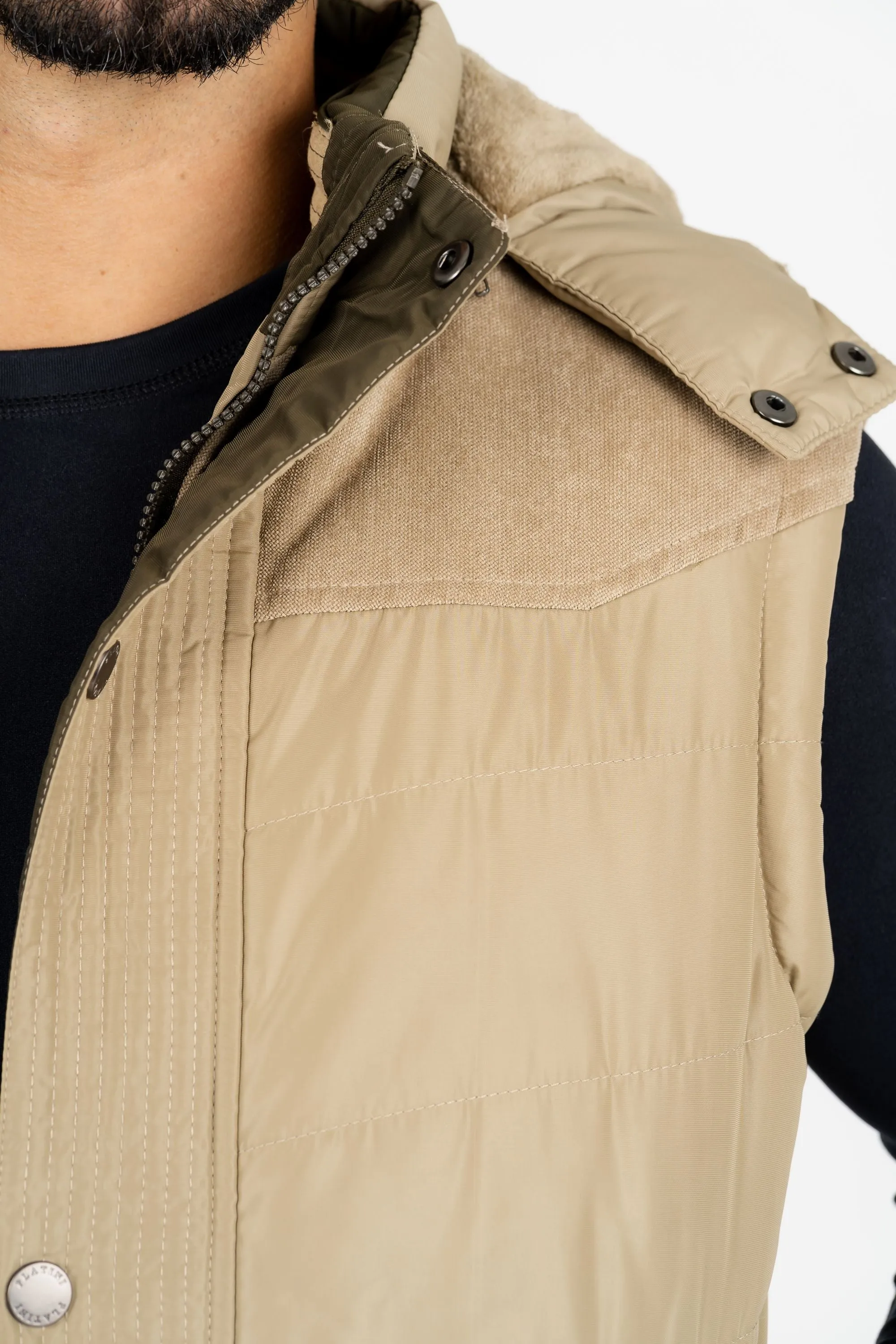 Men's Khaki Padded Hooded Vest w/ Faux Fur Lining