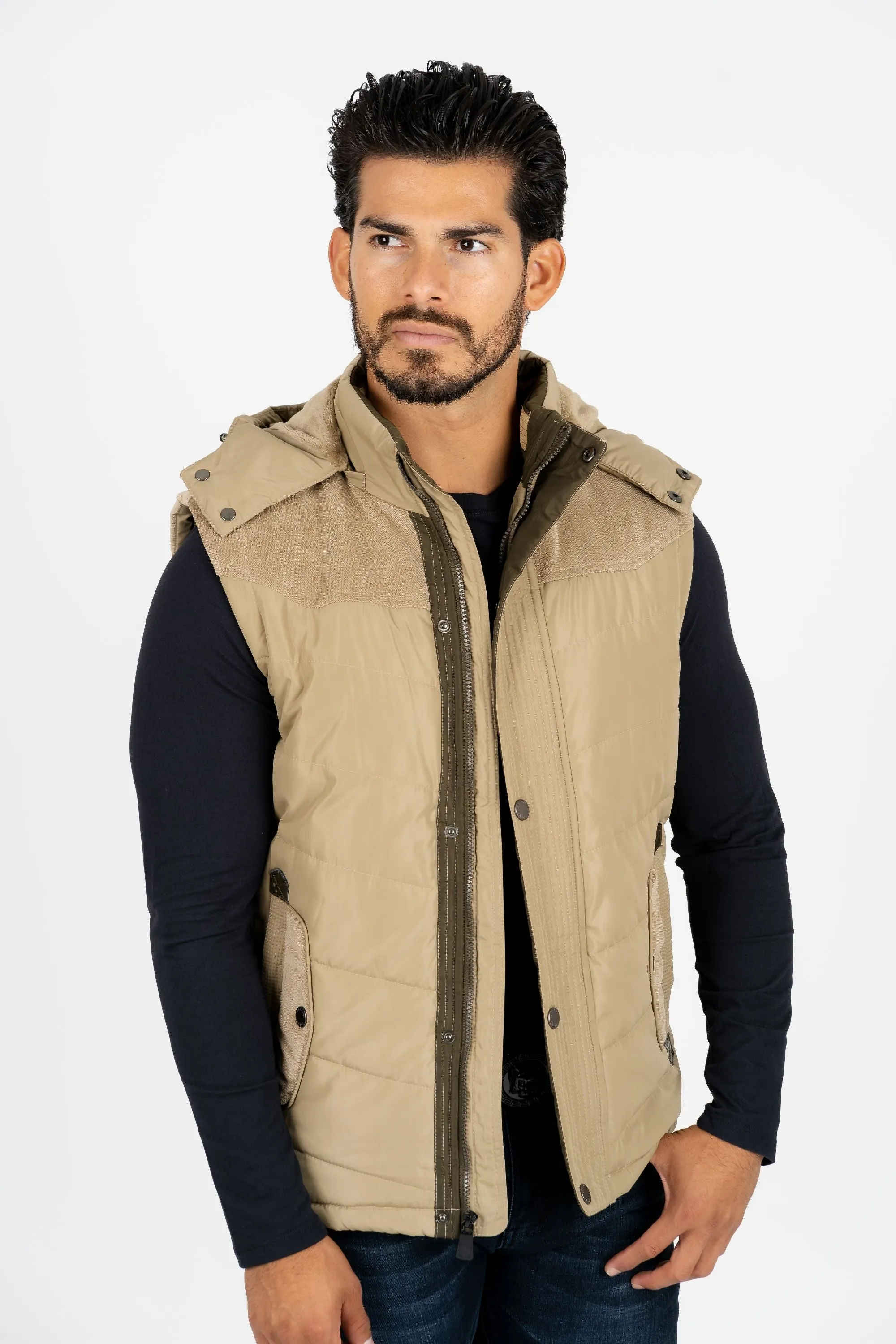 Men's Khaki Padded Hooded Vest w/ Faux Fur Lining