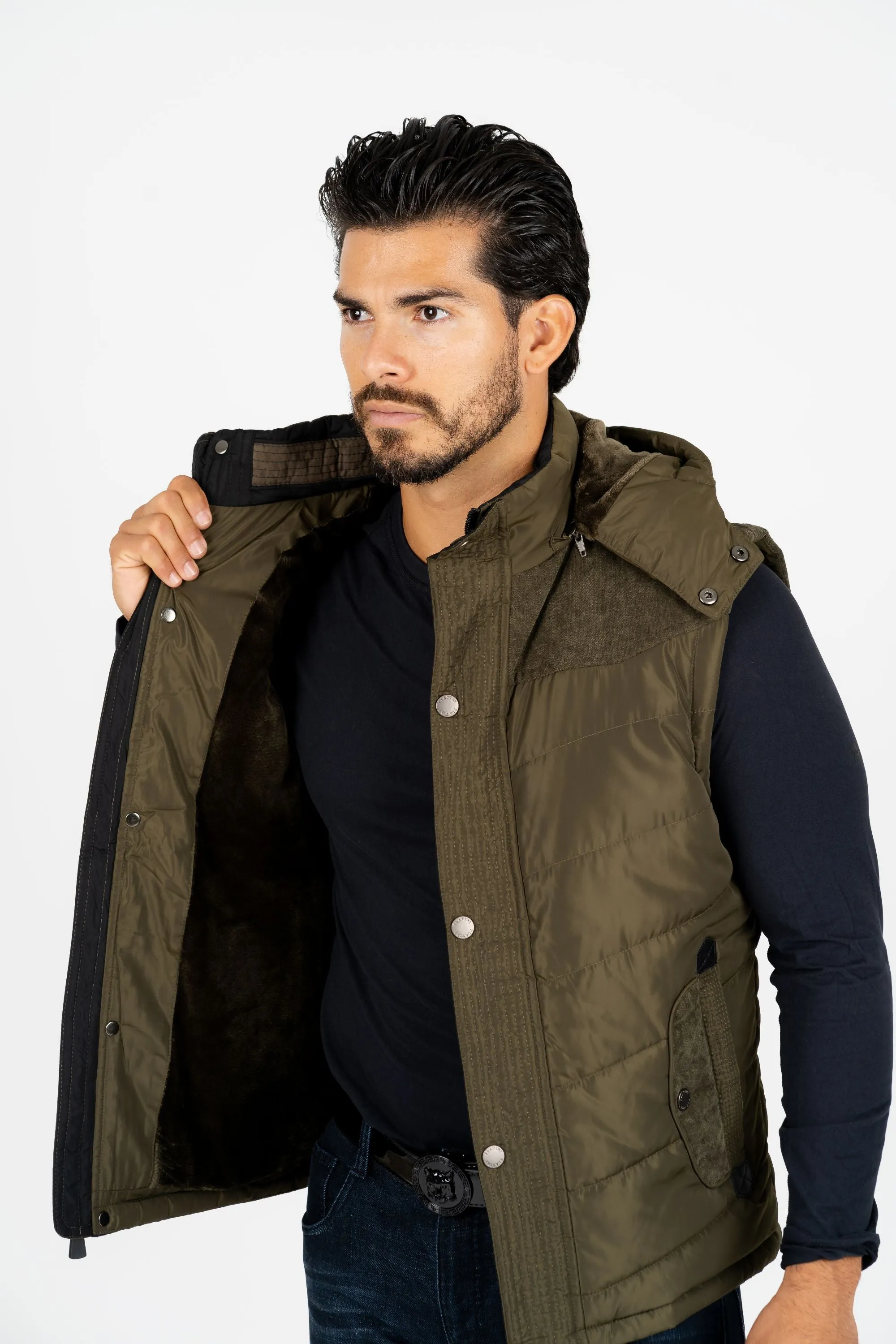 Men's Olive Padded Hooded Vest w/ Faux Fur Lining