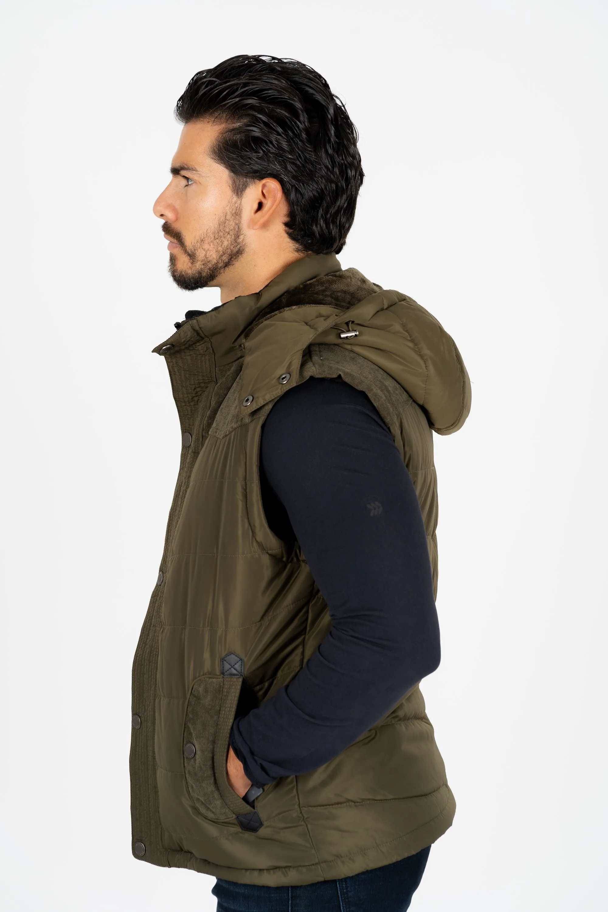 Men's Olive Padded Hooded Vest w/ Faux Fur Lining