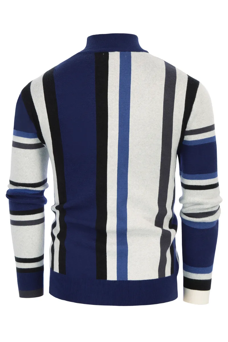 Mens Vintage Stripes Pullover Stand Collar Mockneck Jumper Sweater