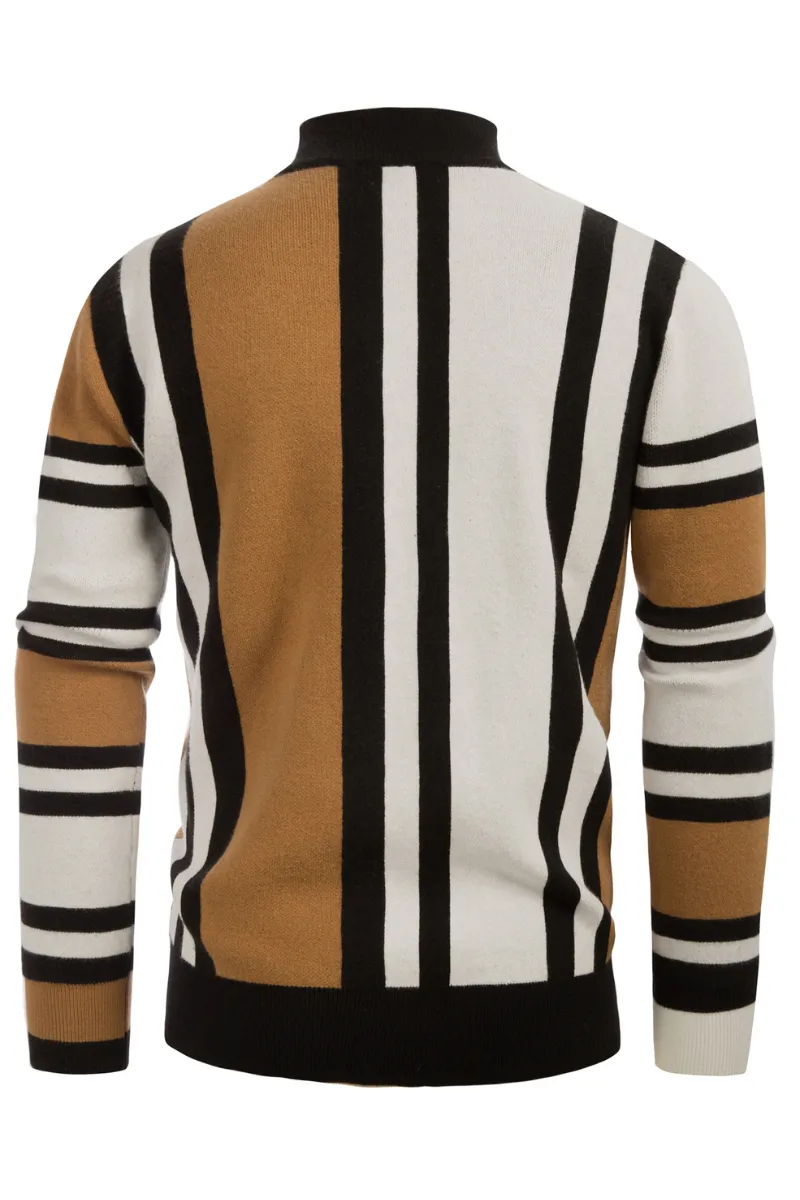 Mens Vintage Stripes Pullover Stand Collar Mockneck Jumper Sweater