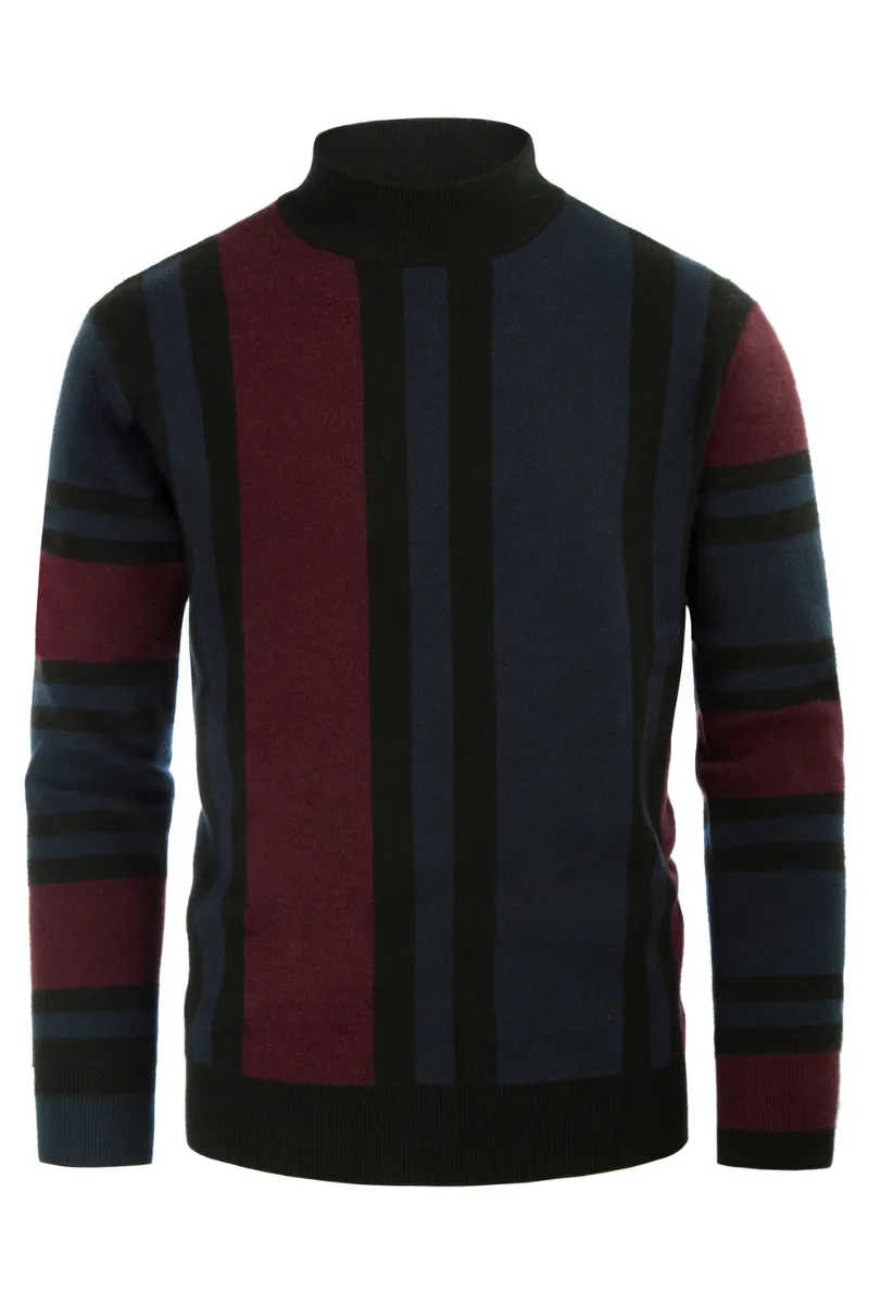 Mens Vintage Stripes Pullover Stand Collar Mockneck Jumper Sweater