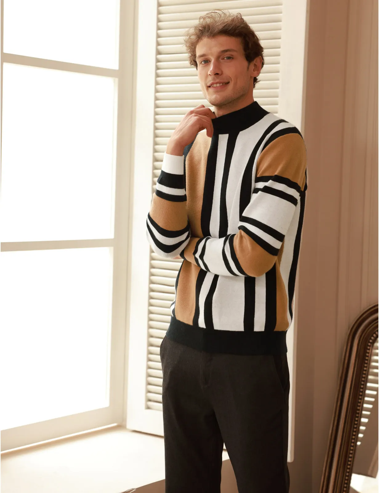 Mens Vintage Stripes Pullover Stand Collar Mockneck Jumper Sweater