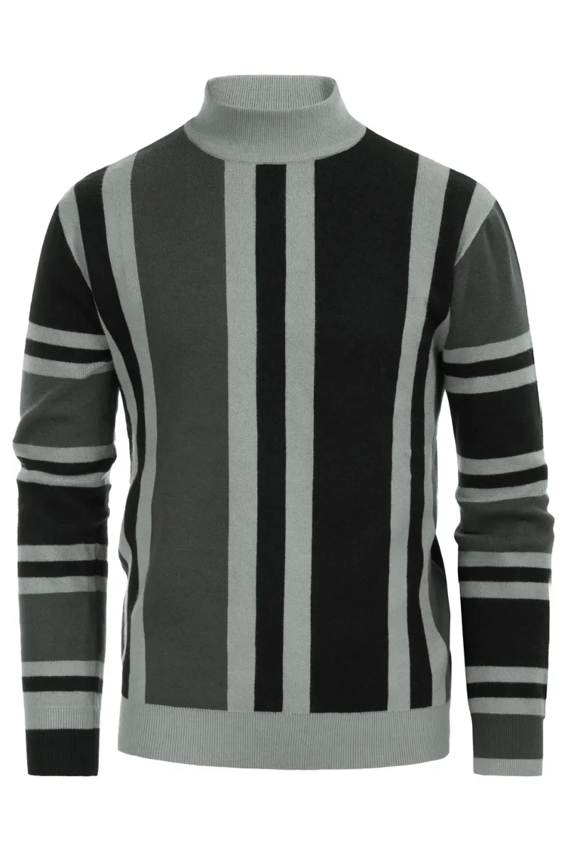 Mens Vintage Stripes Pullover Stand Collar Mockneck Jumper Sweater