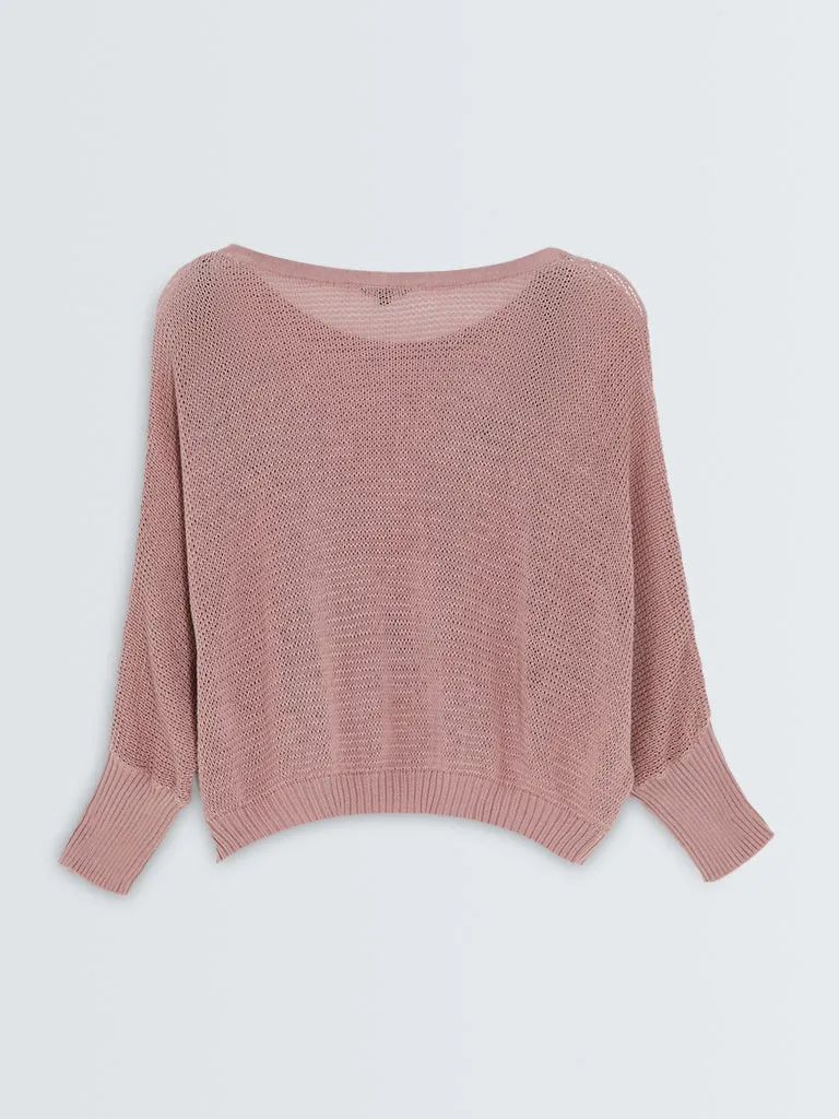 Nuon Dusty Pink Heart Embroidered Knitted Cotton Sweater