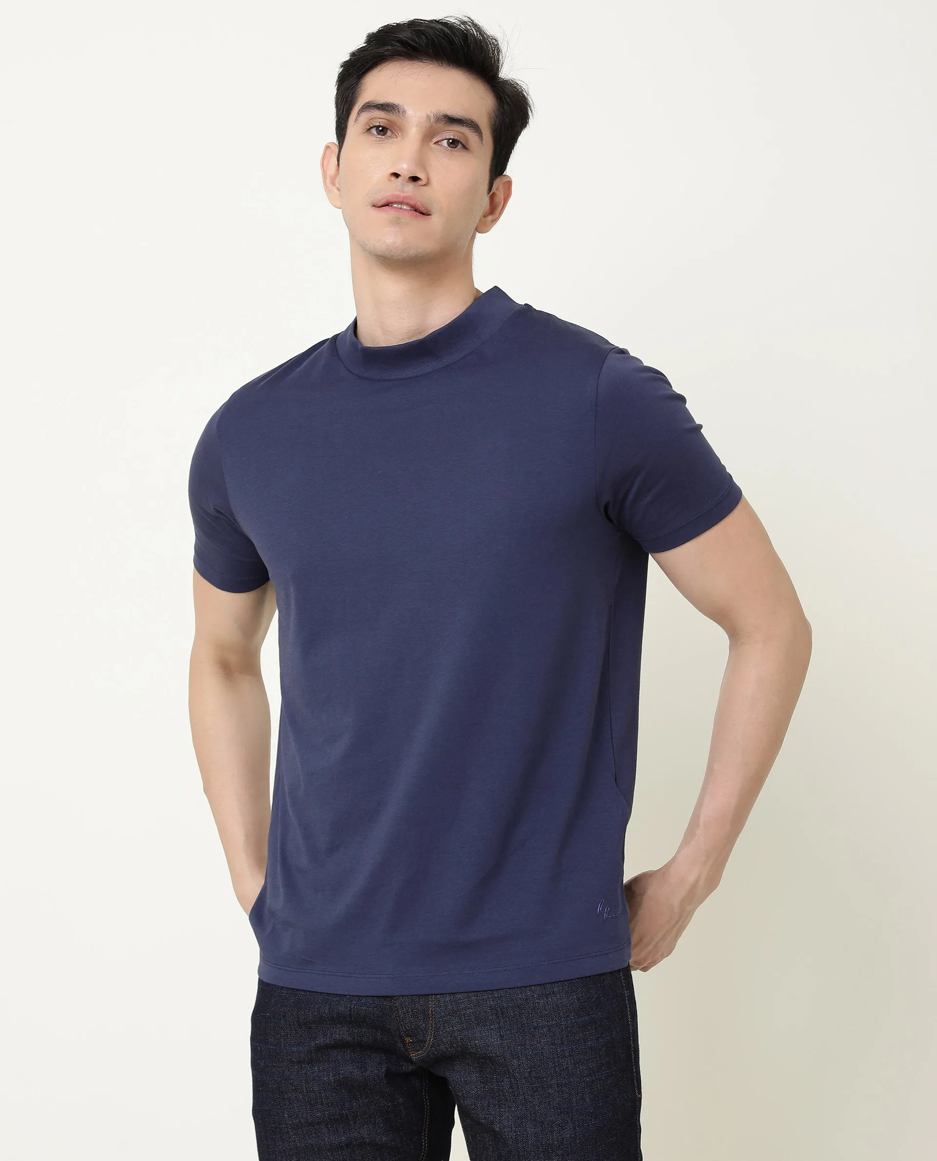 Rare Rabbit Bit Primary Navy Solid Crew Neck Half Sleeves Slim Fit T-Shirt