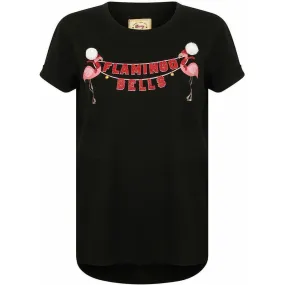 Season's Greetings Flamingo Bells Womens Christmas Short Sleeve Top - Black