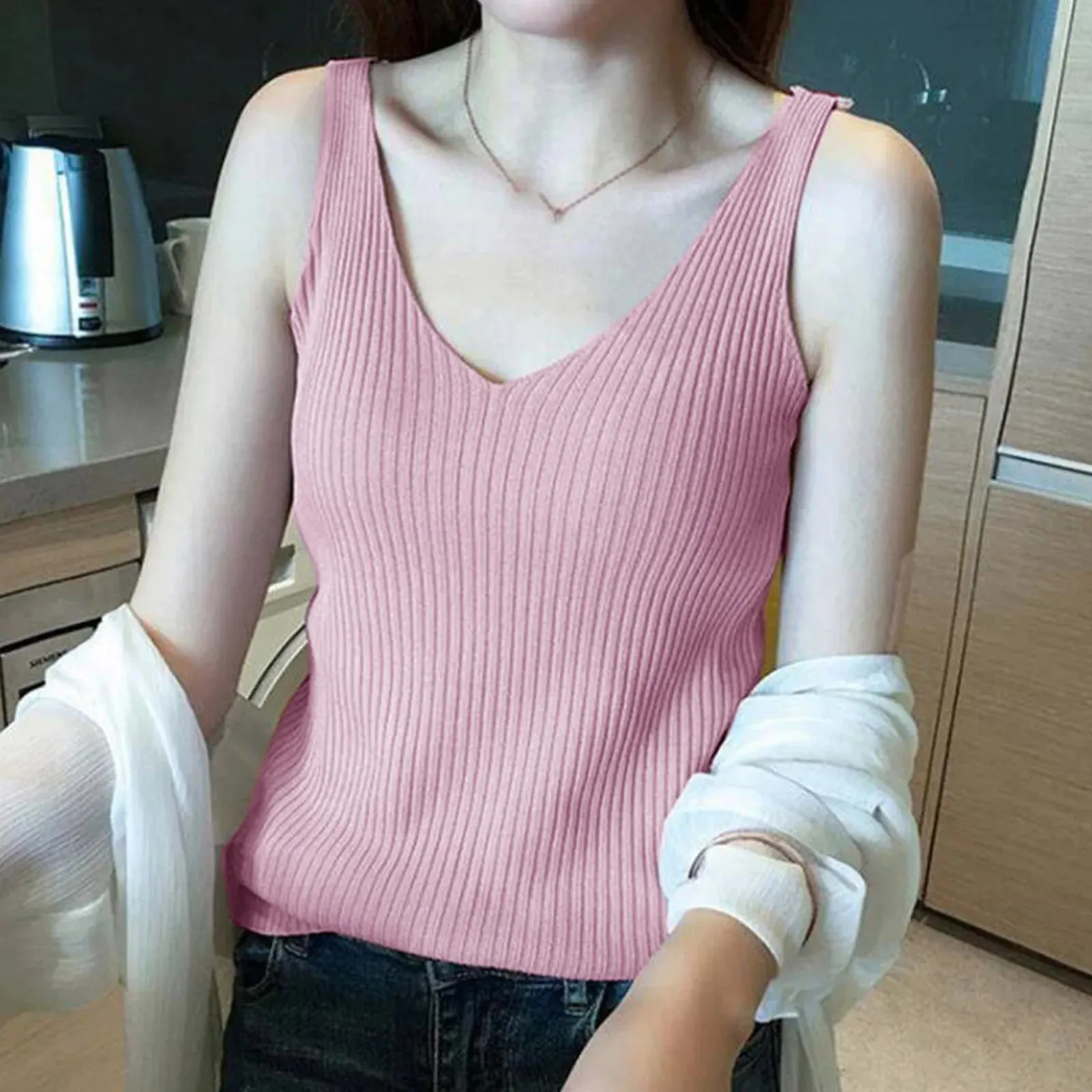 Sexy Knitted Ribbed Camis Sleeveless Round Neck Tank Top