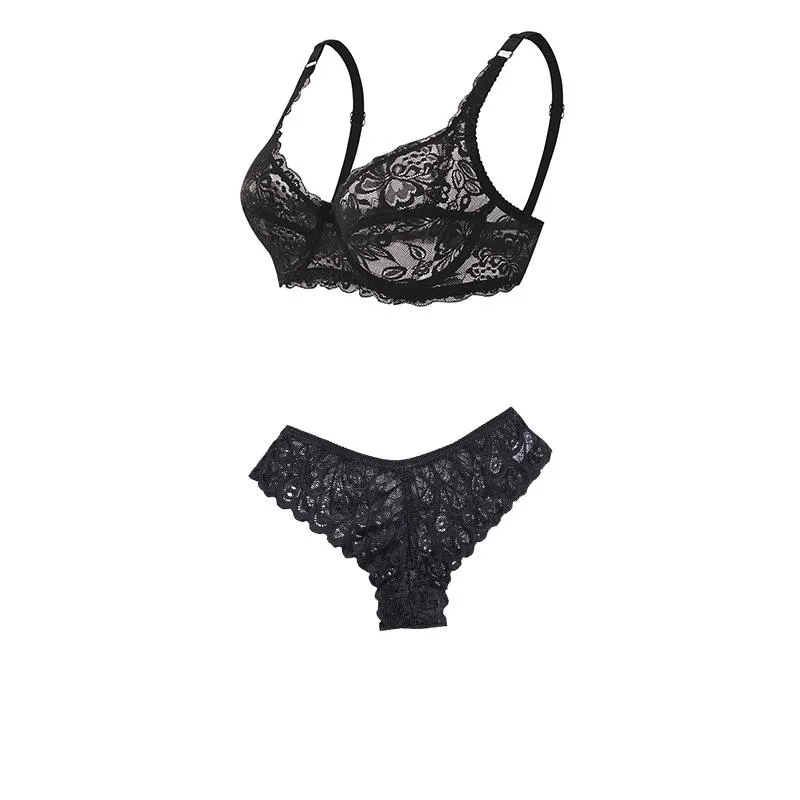 Sexy Women Push Up Underwire Lace Bra Set Ultra Thin Sheer Underwear Bikini Bra Panty Set Comfortable Sleep Underwear