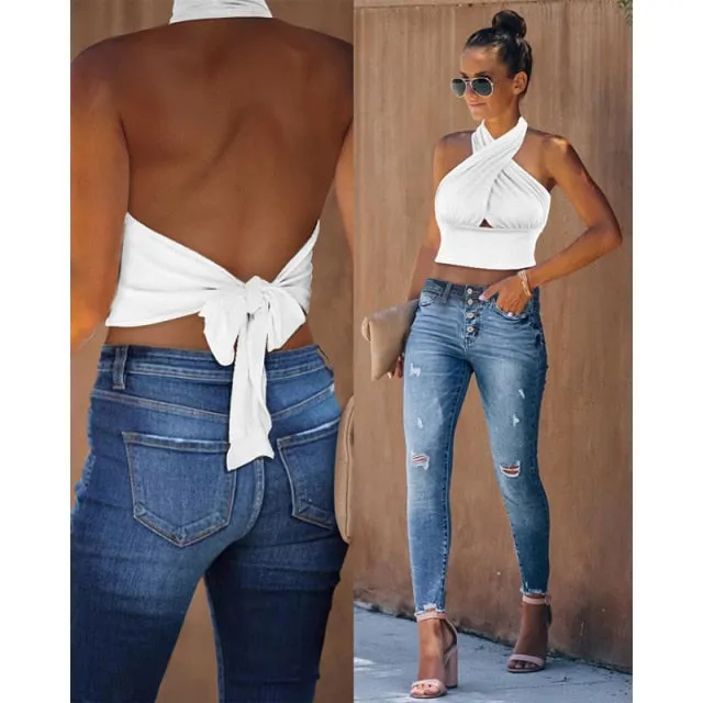 Summer Women Tank Top Casual Sleeveless Vest Tops Open Back Knotted Design Top Backless Bowknot Design Sexy Top Tank Tops