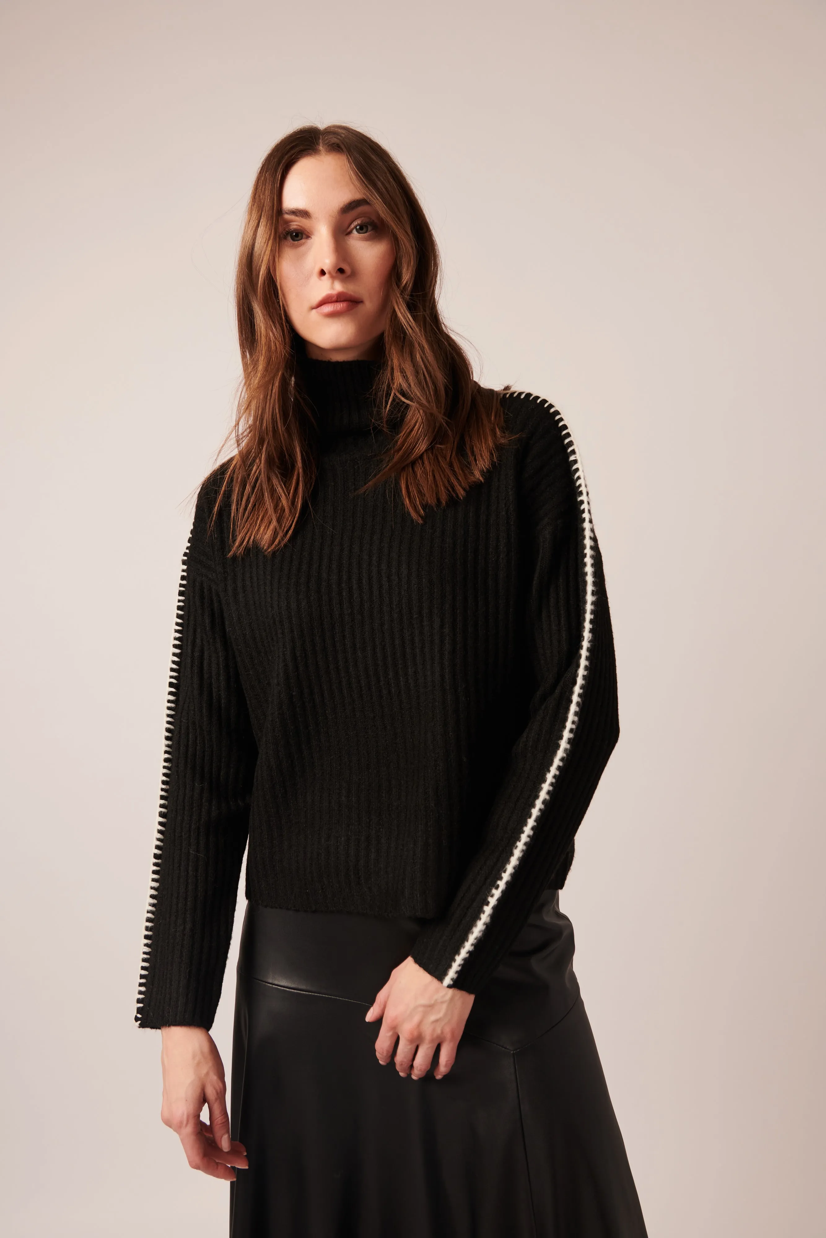 TRINITY BLANKET STITCH RIBBED TURTLENECK SWEATER