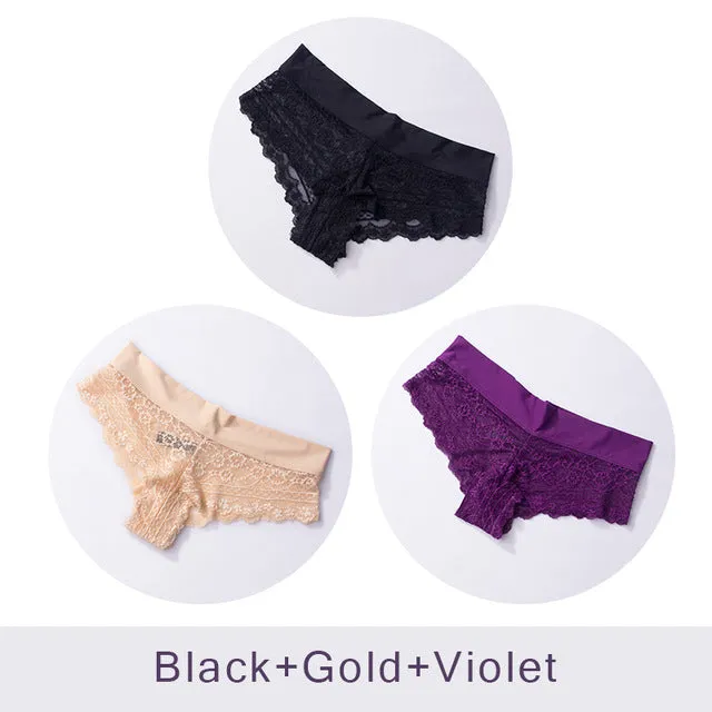 Ultra Soft Women's Sexy Lace Panties Thongs G Strings Seamless Underwear Women Panty Briefs Bikini Cotton Crotch DULASI 3pcs/lot