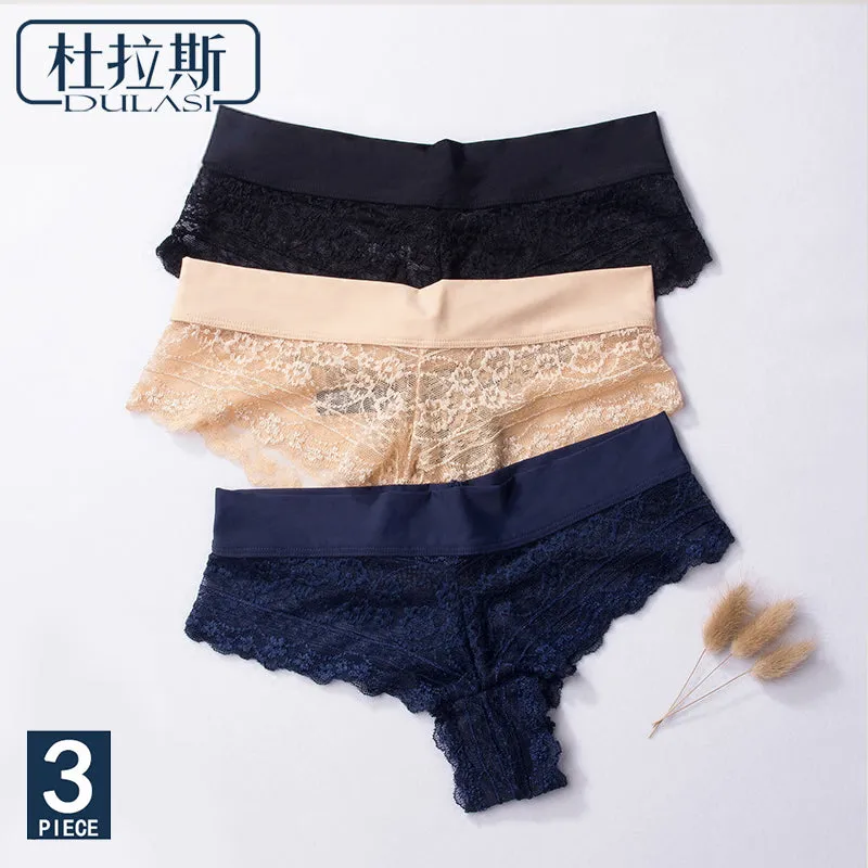 Ultra Soft Women's Sexy Lace Panties Thongs G Strings Seamless Underwear Women Panty Briefs Bikini Cotton Crotch DULASI 3pcs/lot