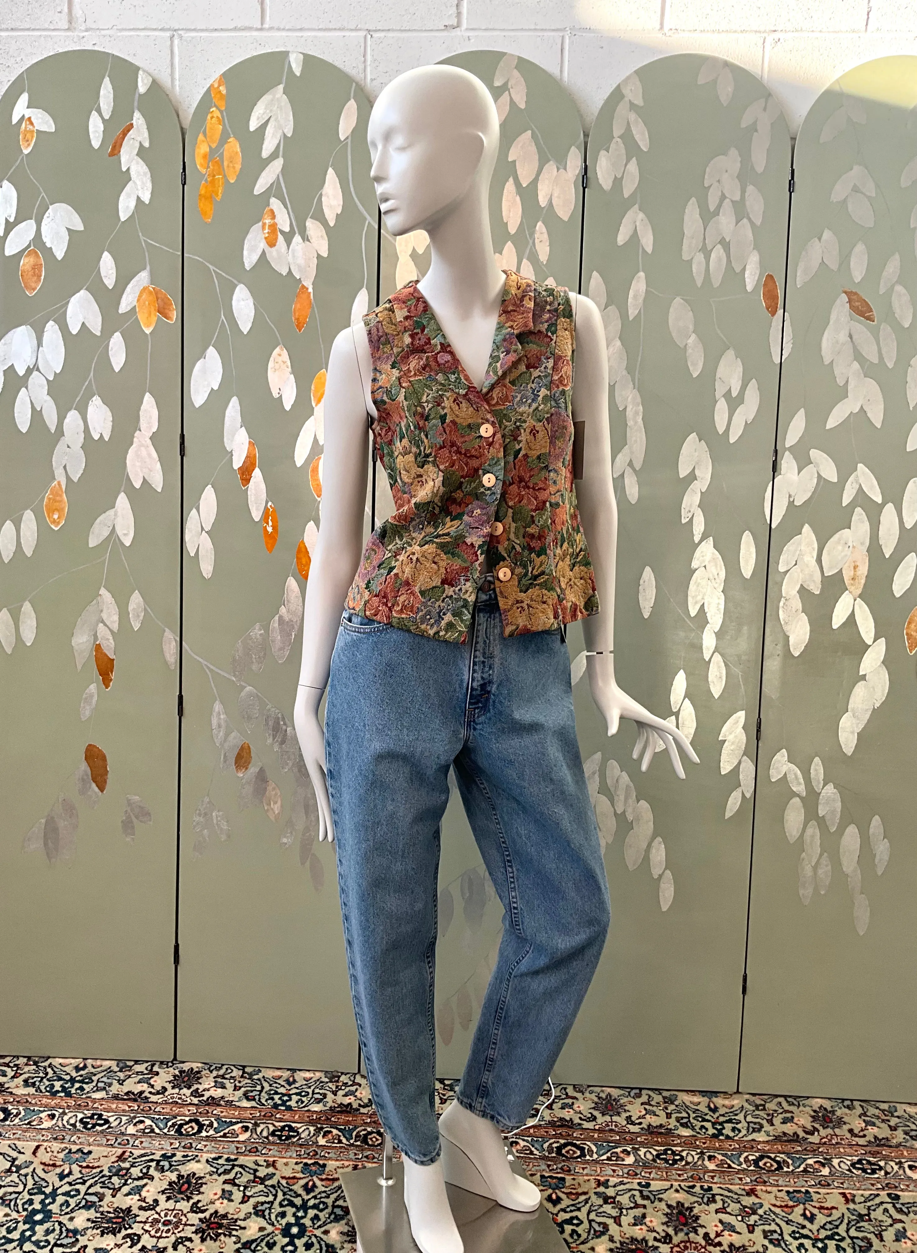 Vintage 1990s Floral Tapestry Waistcoat, Small