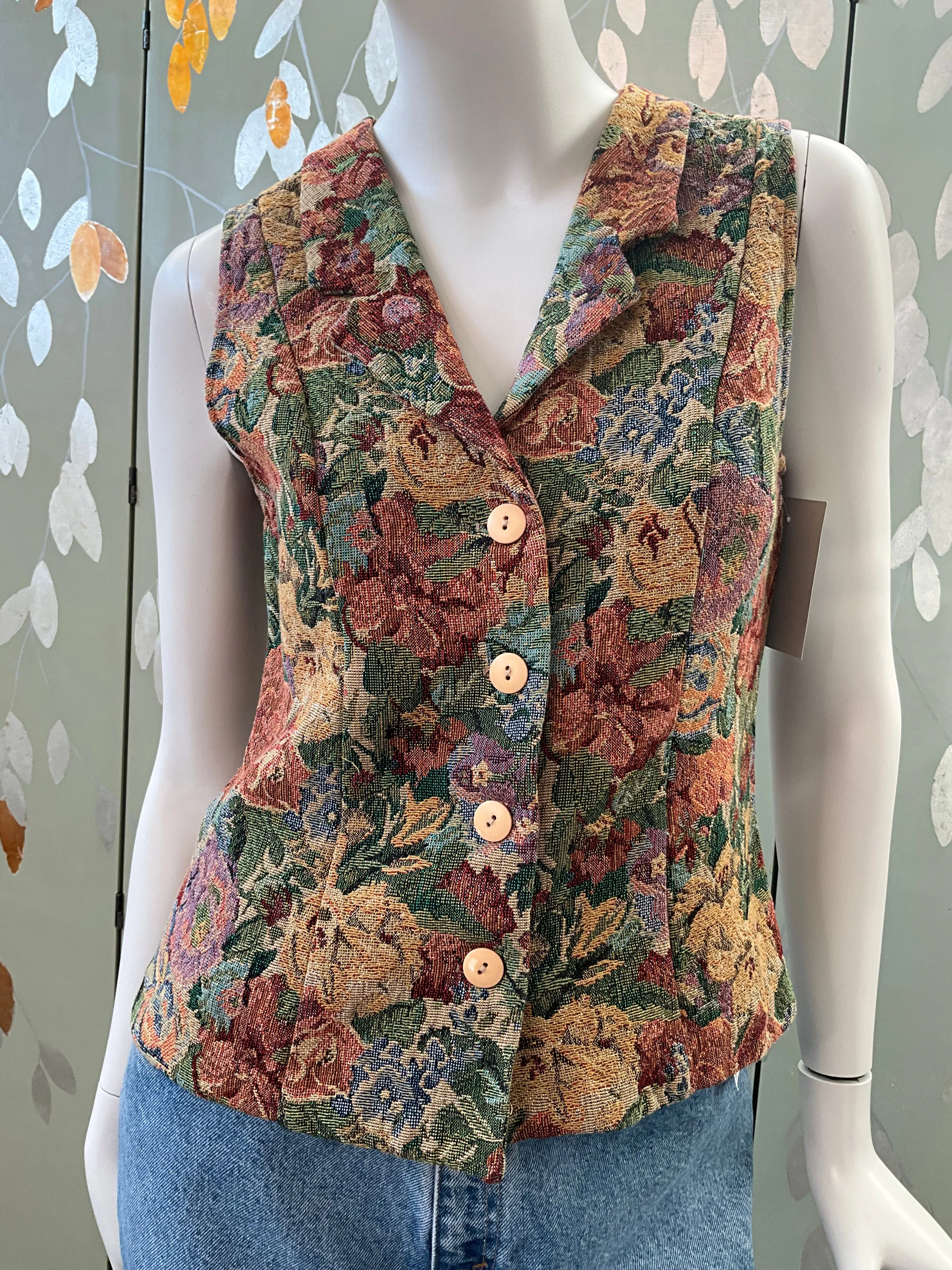 Vintage 1990s Floral Tapestry Waistcoat, Small