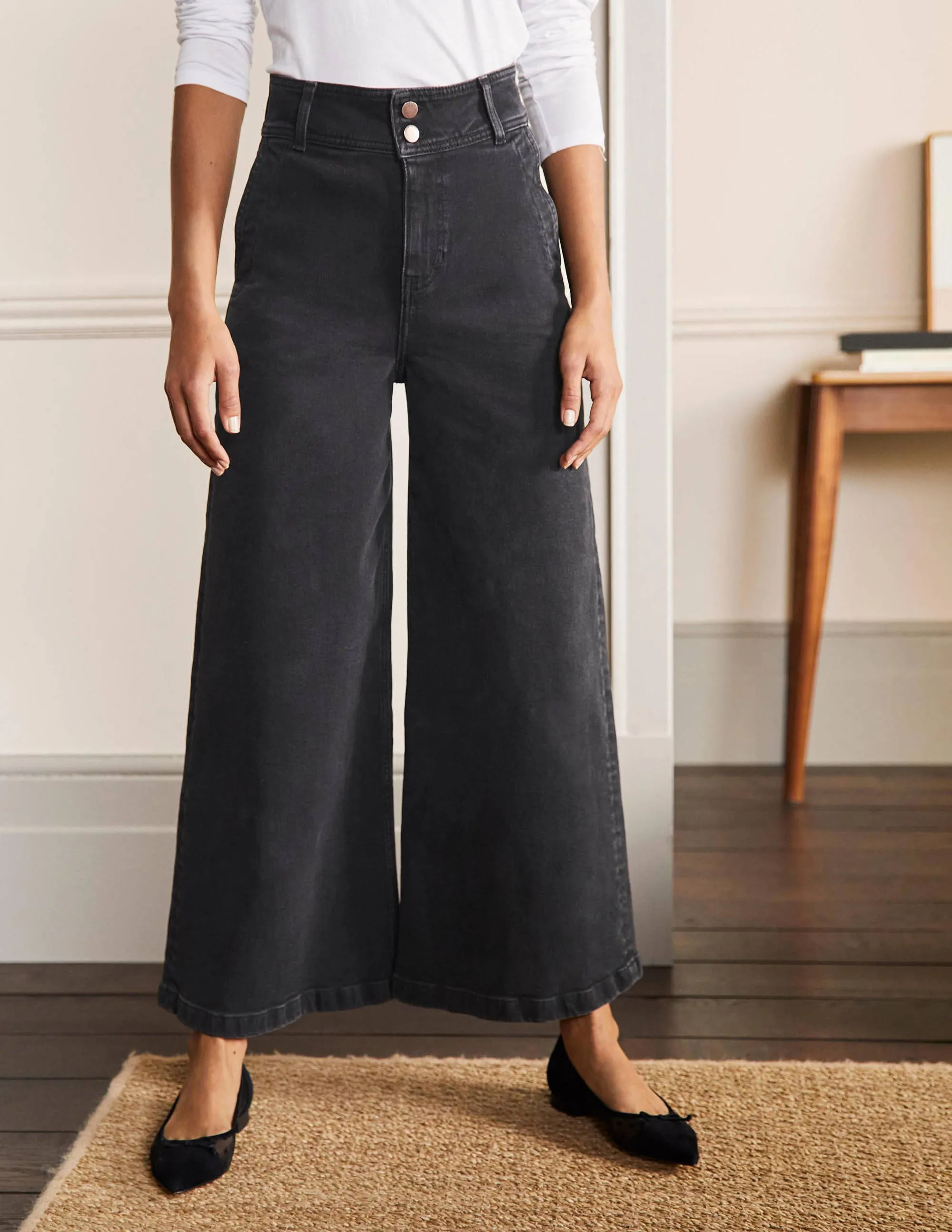 Wide Leg Denim Culottes-Washed Black