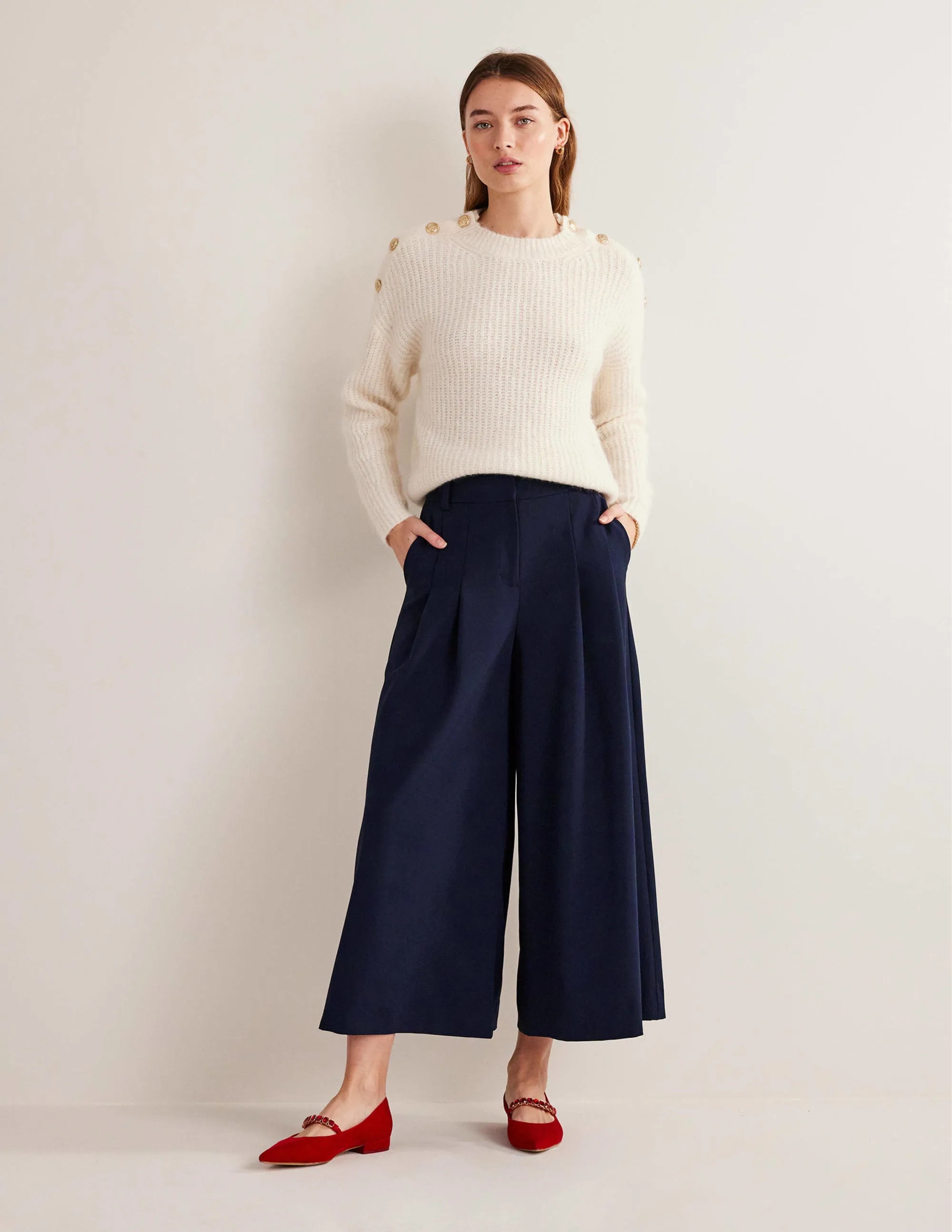 Wide Leg Fluid Culottes-Navy